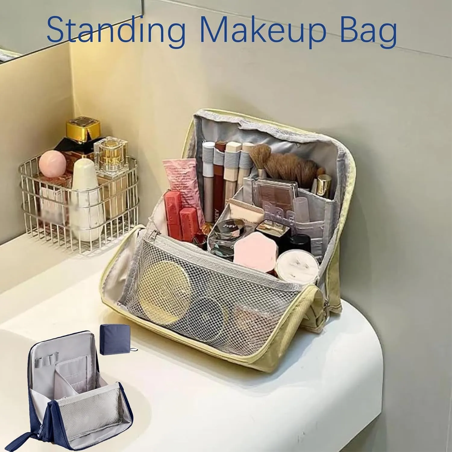 Doresty Makeup Bag, Reusable Portable Doresty Standing Makeup Bag Large Capacity, Folding Vertical Makeing Organizer Bags with Compartments for Travel Work Home (Gray)