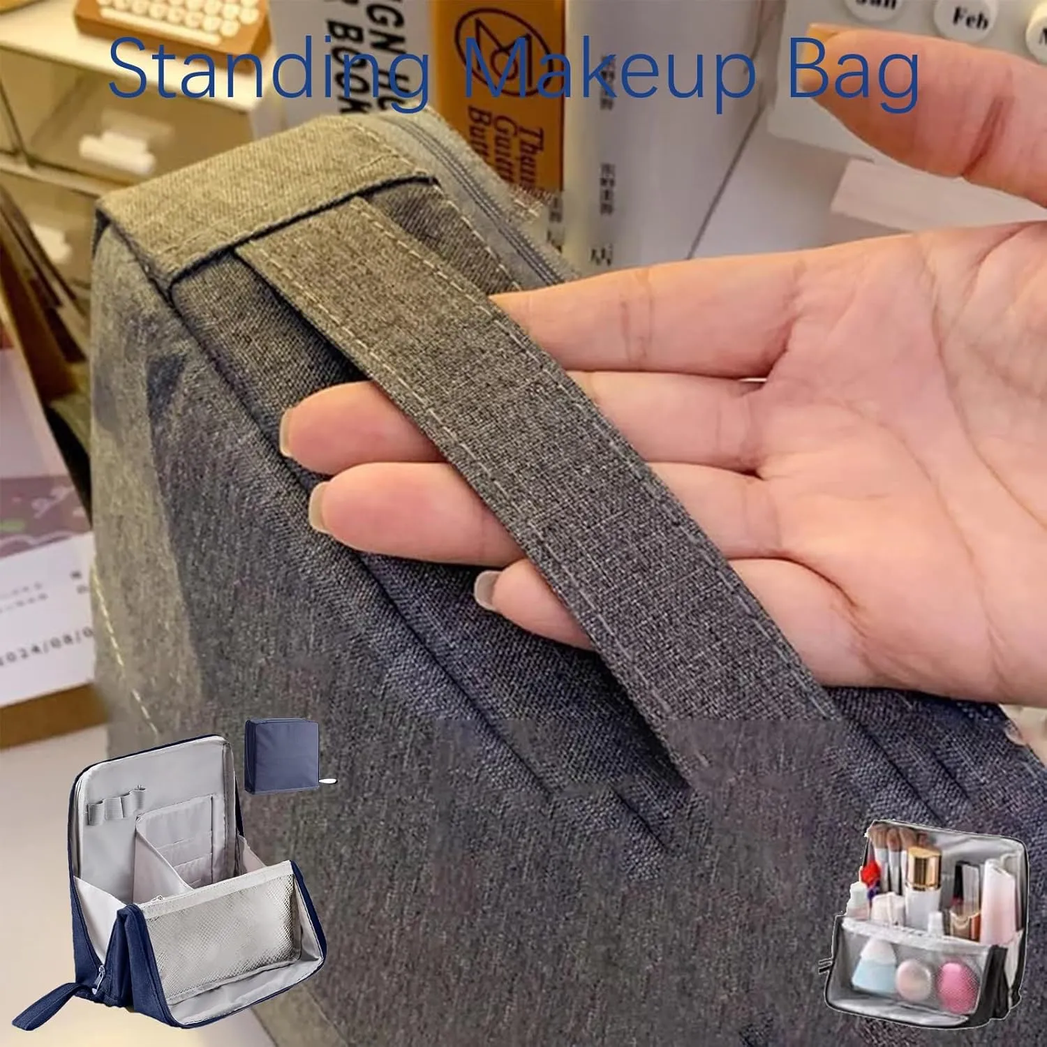 Doresty Makeup Bag, Reusable Portable Doresty Standing Makeup Bag Large Capacity, Folding Vertical Makeing Organizer Bags with Compartments for Travel Work Home (Gray)