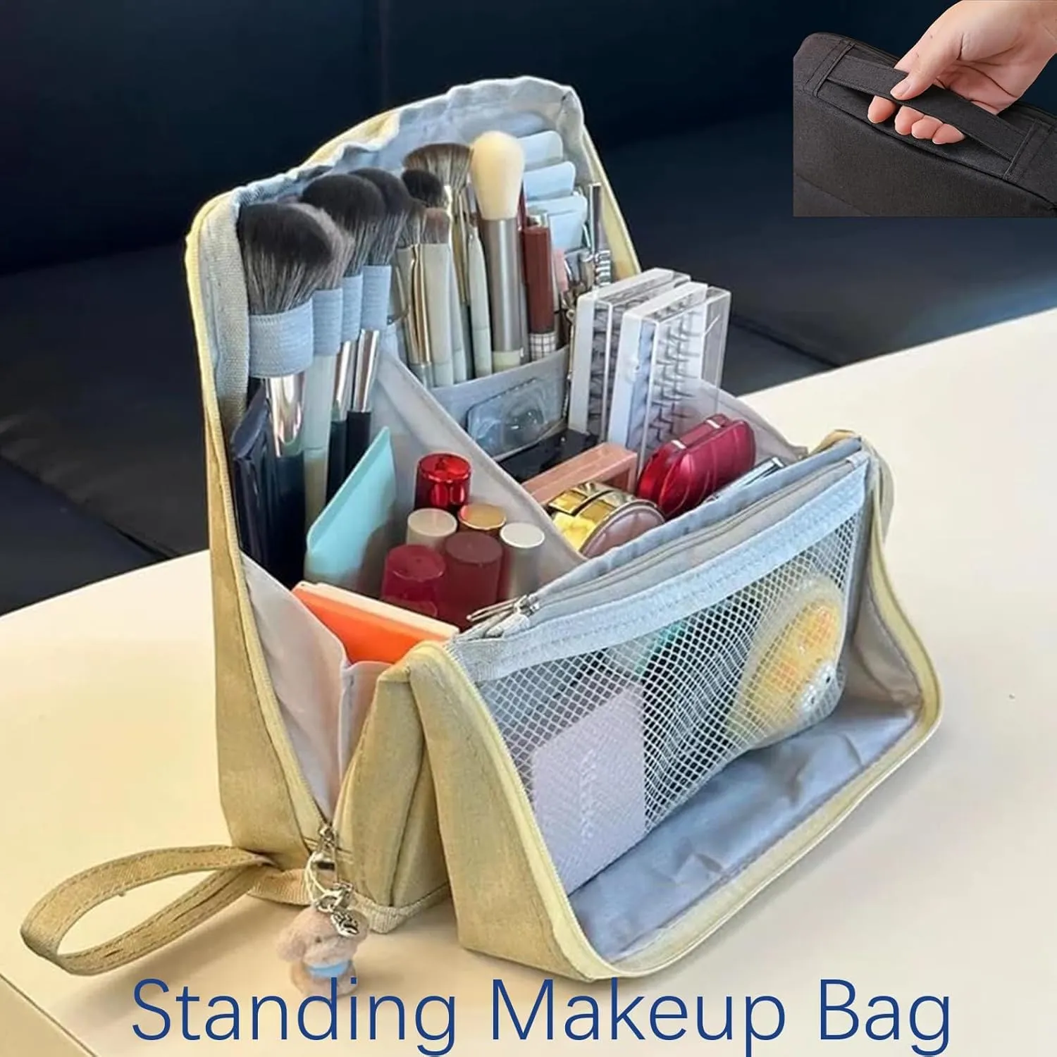 Doresty Makeup Bag, Reusable Portable Doresty Standing Makeup Bag Large Capacity, Folding Vertical Makeing Organizer Bags with Compartments for Travel Work Home (Gray)