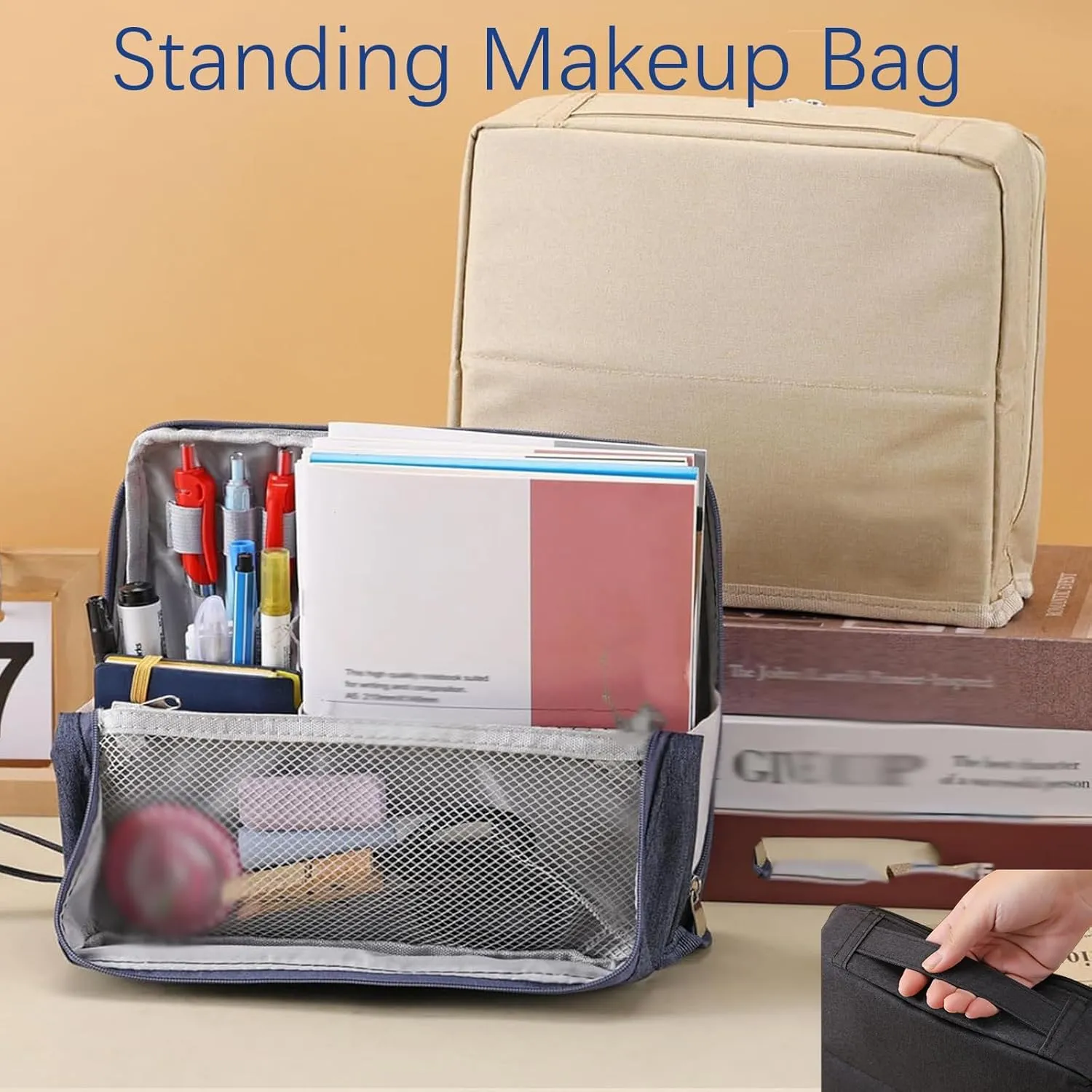 Doresty Makeup Bag, Reusable Portable Doresty Standing Makeup Bag Large Capacity, Folding Vertical Makeing Organizer Bags with Compartments for Travel Work Home (Gray)
