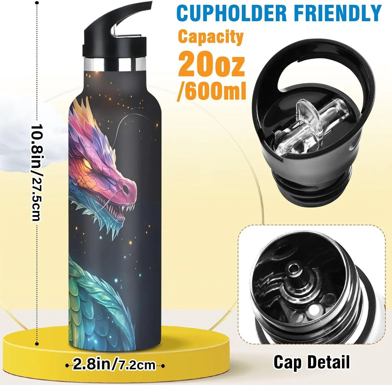 Dragon Galaxy Colorful Water Bottles for Boys Kids Stainless Steel Thermos Bottle Cups with Straw Lid Leakproof Insulated Flask Jug 20 oz