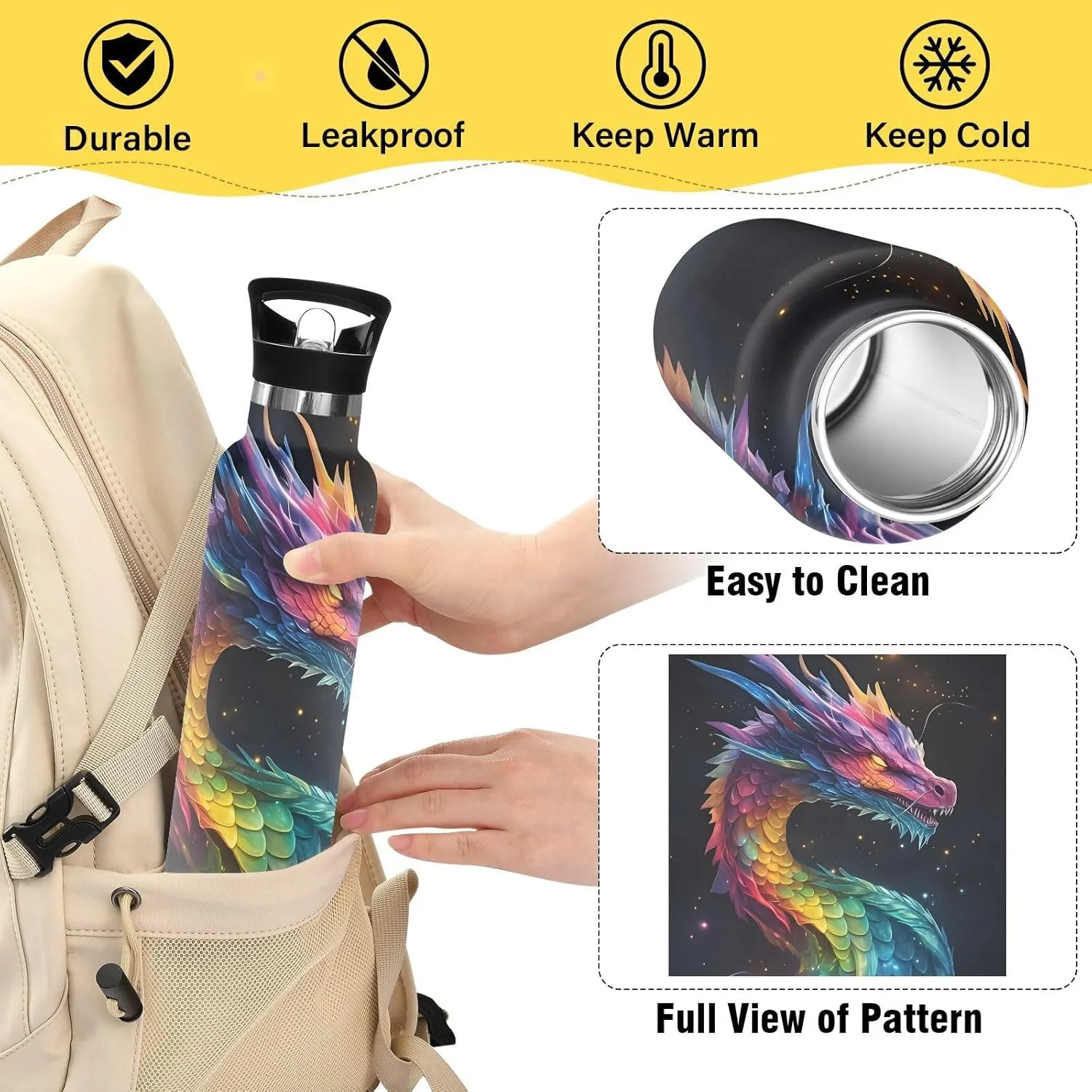Dragon Galaxy Colorful Water Bottles for Boys Kids Stainless Steel Thermos Bottle Cups with Straw Lid Leakproof Insulated Flask Jug 20 oz