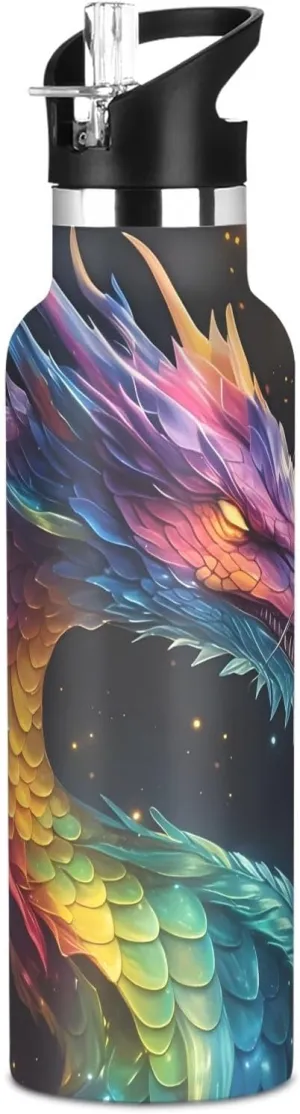 Dragon Galaxy Colorful Water Bottles for Boys Kids Stainless Steel Thermos Bottle Cups with Straw Lid Leakproof Insulated Flask Jug 20 oz