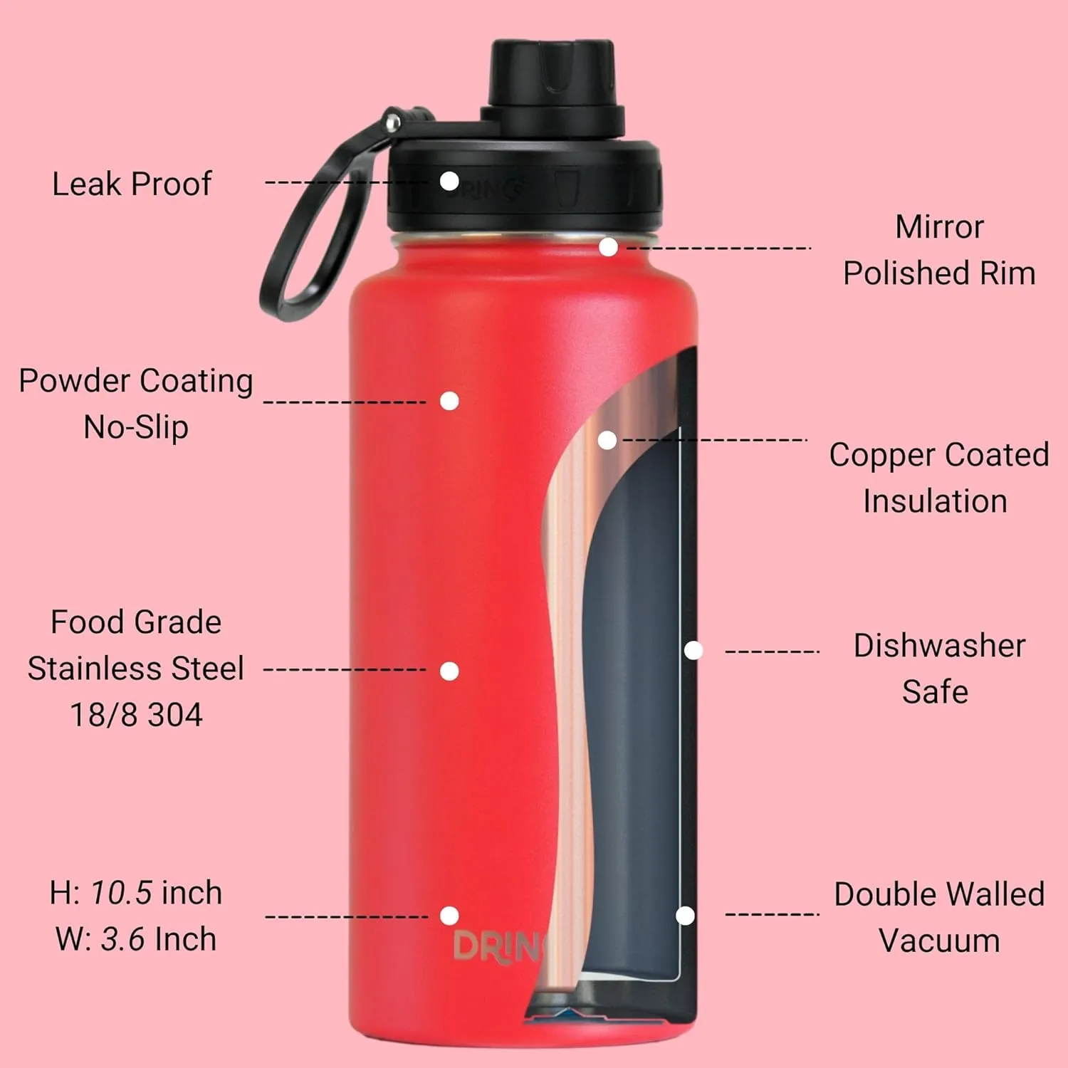 DRINCO Stainless Steel Water Bottle Spout Lid Vacuum Insulated Double Wall Water Bottle Wide Mouth Leak Proof Keep Cold Sport Camping (USA Flag) (32oz Barn Red USA Flag, 32oz)
