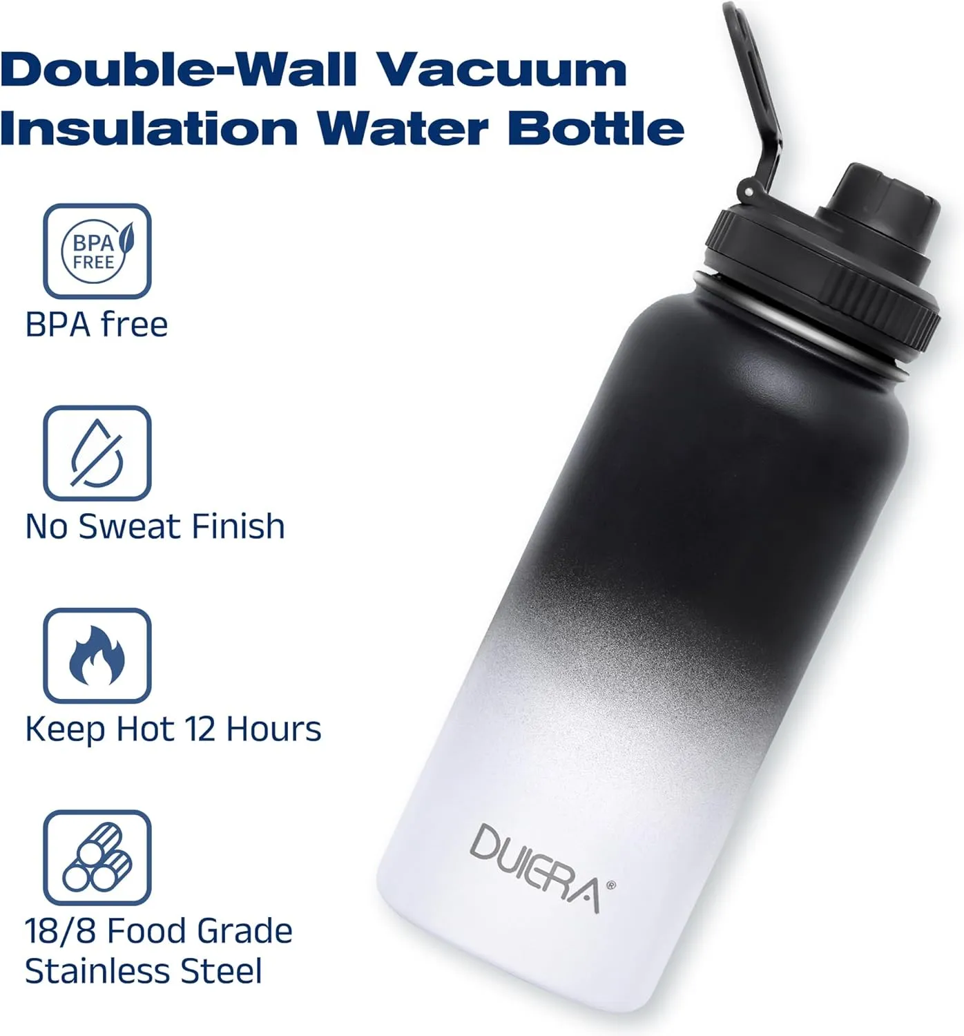 DUIERA 32 oz Water Bottle with Straw, Stainless Steel Insulated Water Bottle with Lid, Leak-Proof & BPA-Free, Portable Sports Bottle for Travel, Gym and Running, Black and White
