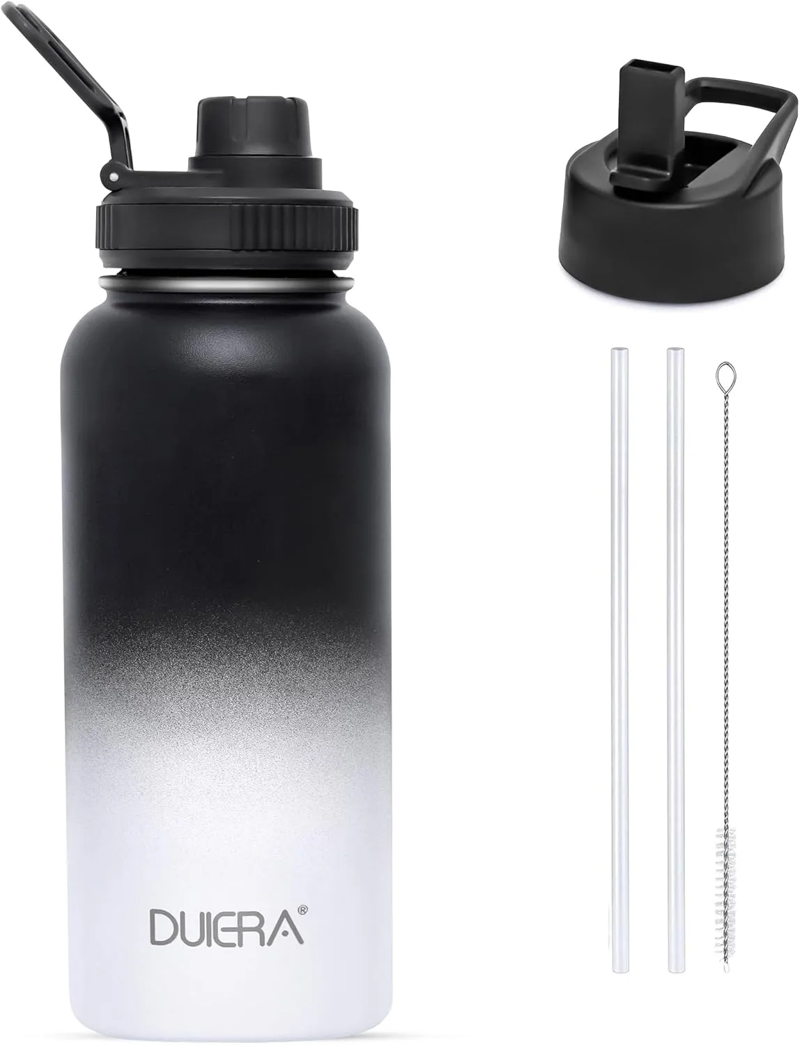 DUIERA 32 oz Water Bottle with Straw, Stainless Steel Insulated Water Bottle with Lid, Leak-Proof & BPA-Free, Portable Sports Bottle for Travel, Gym and Running, Black and White