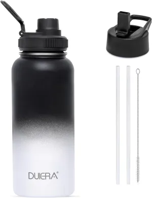 DUIERA 32 oz Water Bottle with Straw, Stainless Steel Insulated Water Bottle with Lid, Leak-Proof & BPA-Free, Portable Sports Bottle for Travel, Gym and Running, Black and White