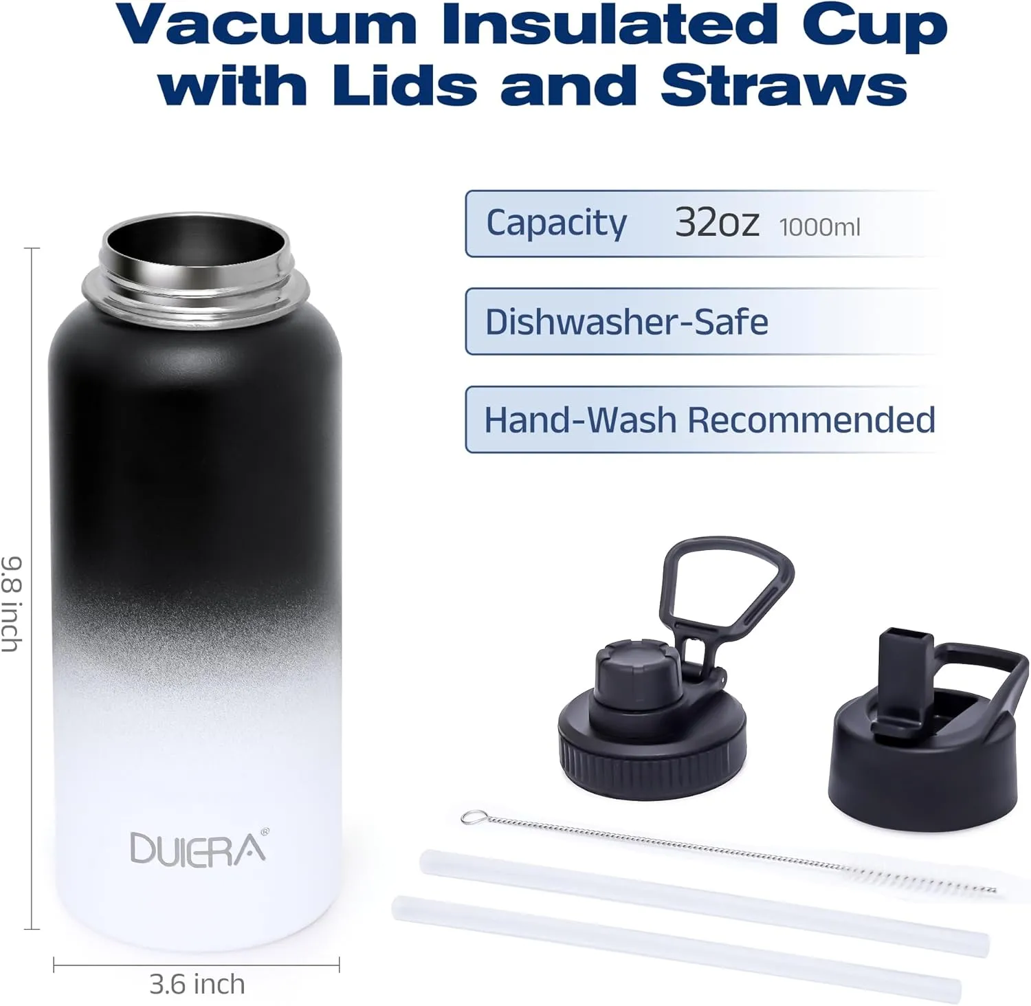 DUIERA 32 oz Water Bottle with Straw, Stainless Steel Insulated Water Bottle with Lid, Leak-Proof & BPA-Free, Portable Sports Bottle for Travel, Gym and Running, Black and White