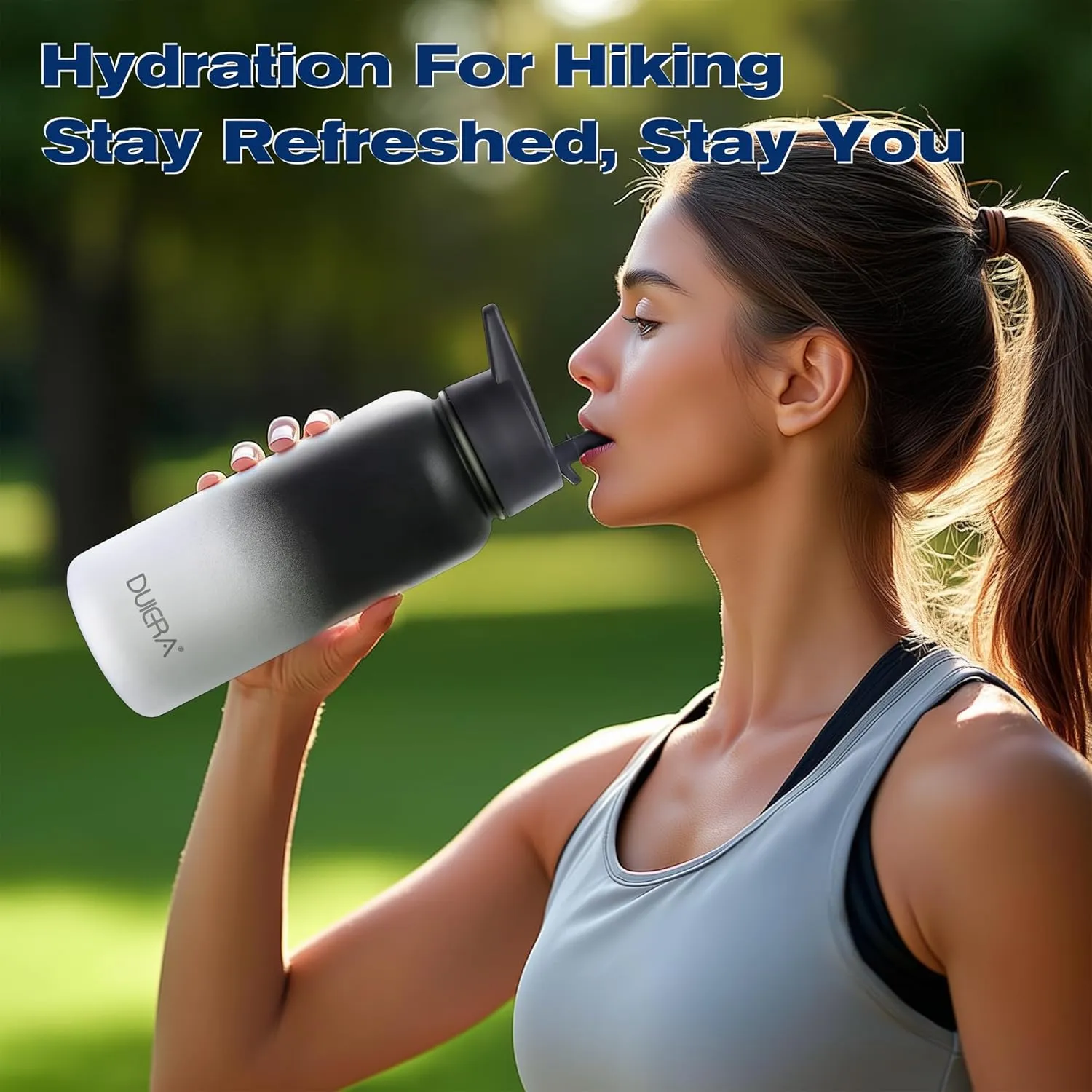 DUIERA 32 oz Water Bottle with Straw, Stainless Steel Insulated Water Bottle with Lid, Leak-Proof & BPA-Free, Portable Sports Bottle for Travel, Gym and Running, Black and White