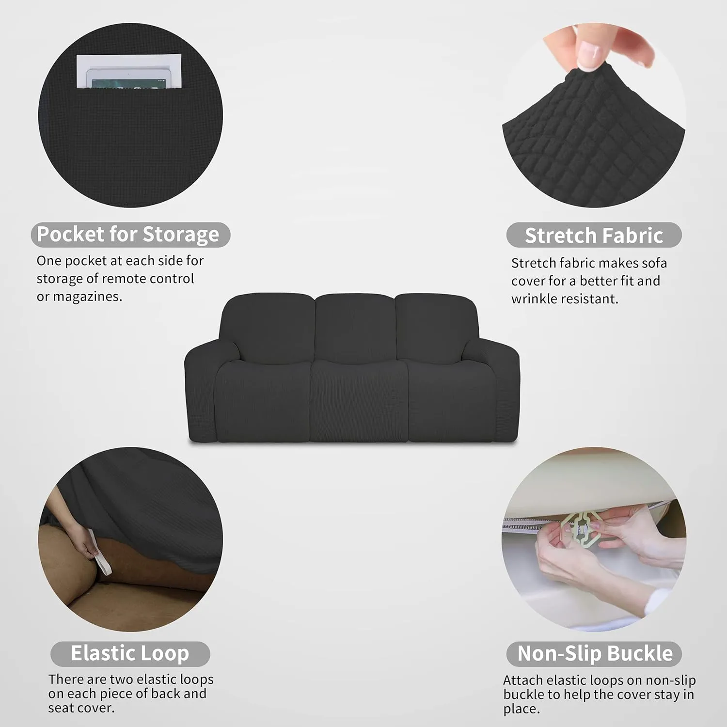 Easy-Going 100% Dual Waterproof Recliner Sofa Cover, 8-Pieces Stretch Relining Couch Cover with Pocket, Jacquard 3 Seat Sofa Slipcover Leakproof Washable (Sofa, Dark Gray)