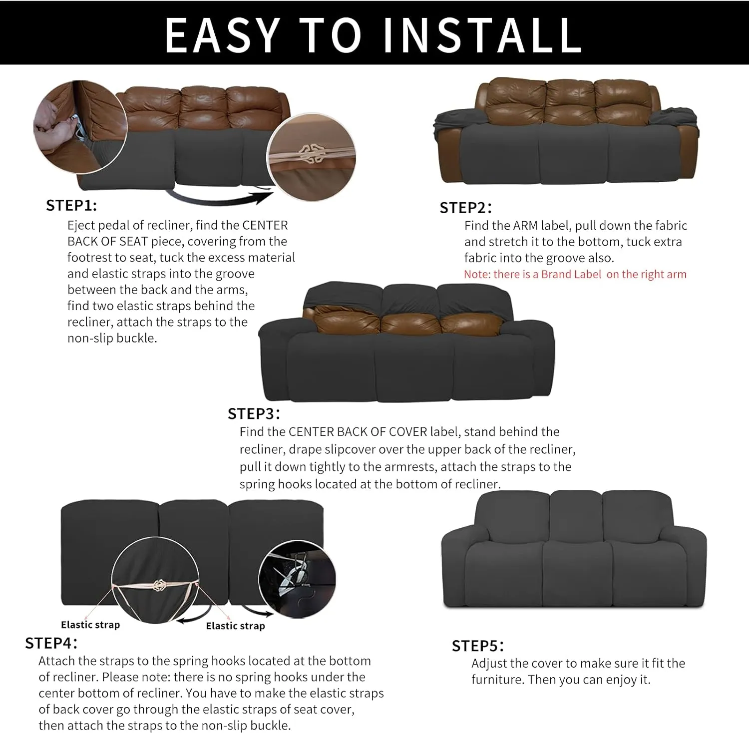 Easy-Going 100% Dual Waterproof Recliner Sofa Cover, 8-Pieces Stretch Relining Couch Cover with Pocket, Jacquard 3 Seat Sofa Slipcover Leakproof Washable (Sofa, Dark Gray)