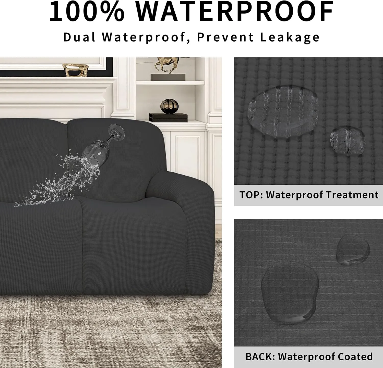 Easy-Going 100% Dual Waterproof Recliner Sofa Cover, 8-Pieces Stretch Relining Couch Cover with Pocket, Jacquard 3 Seat Sofa Slipcover Leakproof Washable (Sofa, Dark Gray)