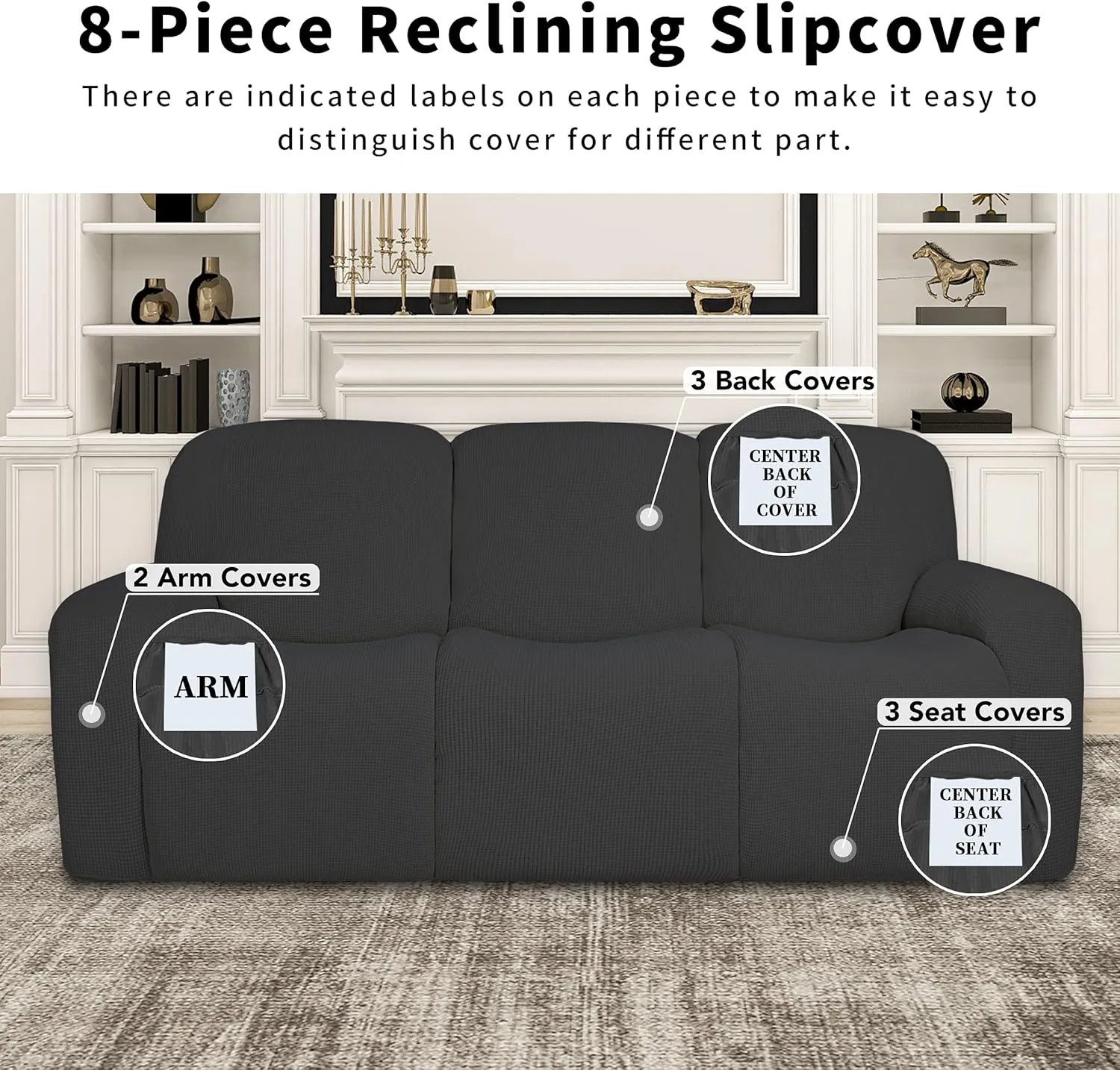 Easy-Going 100% Dual Waterproof Recliner Sofa Cover, 8-Pieces Stretch Relining Couch Cover with Pocket, Jacquard 3 Seat Sofa Slipcover Leakproof Washable (Sofa, Dark Gray)