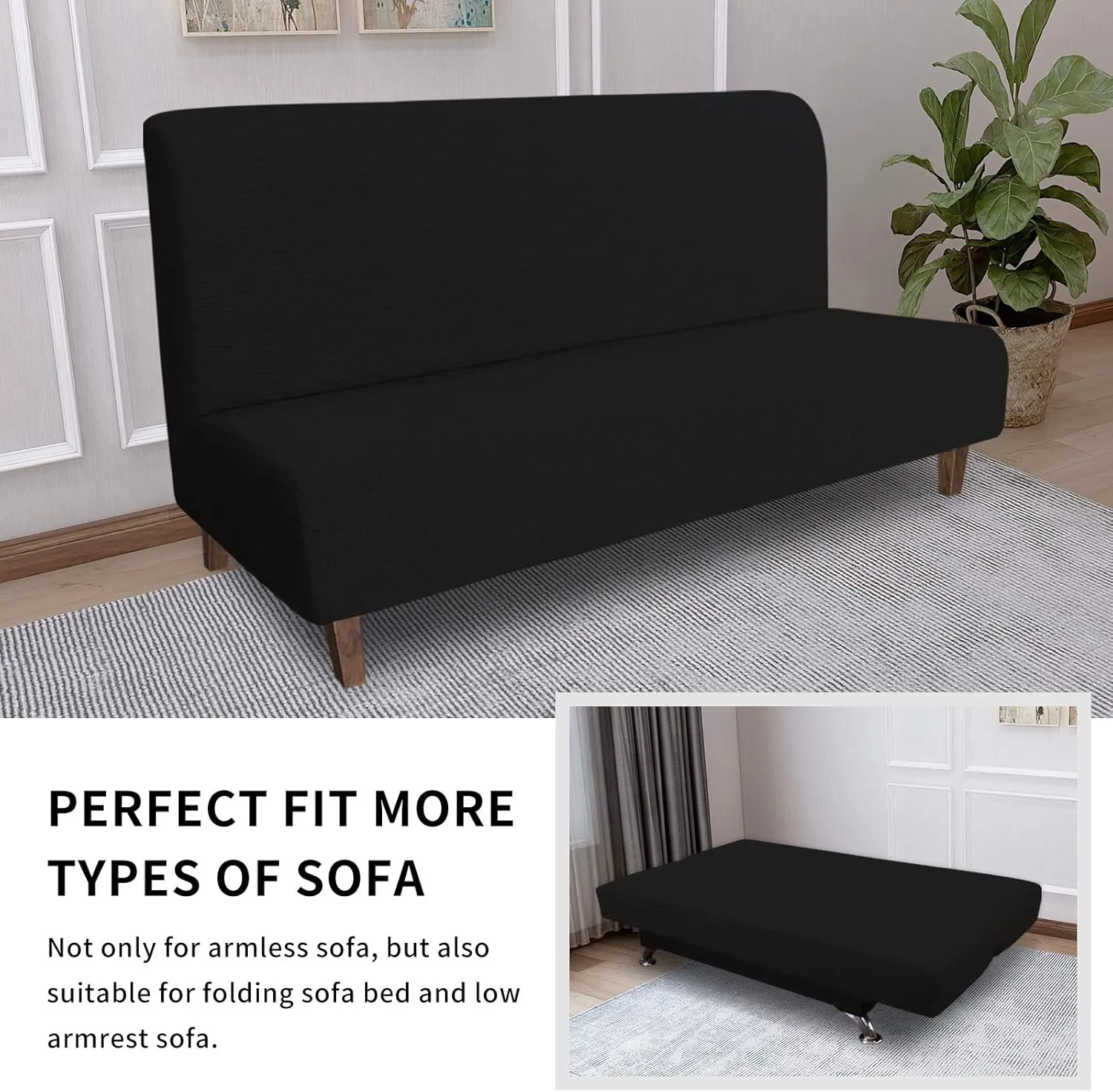 Easy-Going 100% Waterproof Futon Cover, Dual Waterproof Couch Cover, Stretch Jacquard Armless Sofa Cover, Leakproof Furniture Protector for Kids, Pets, Dog and Cat (Black)