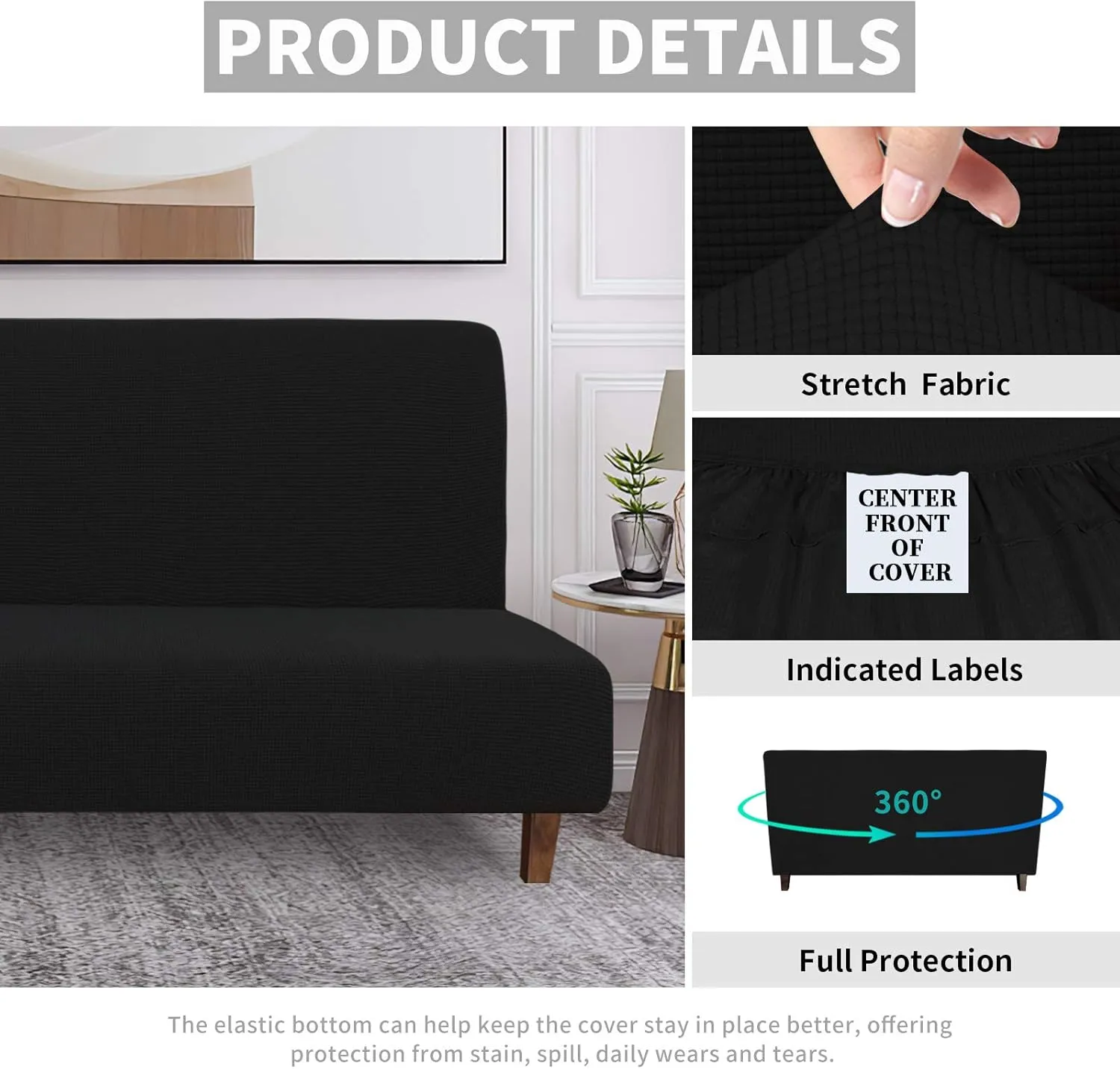 Easy-Going 100% Waterproof Futon Cover, Dual Waterproof Couch Cover, Stretch Jacquard Armless Sofa Cover, Leakproof Furniture Protector for Kids, Pets, Dog and Cat (Black)