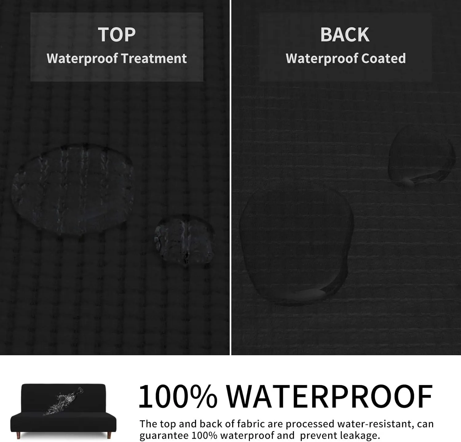 Easy-Going 100% Waterproof Futon Cover, Dual Waterproof Couch Cover, Stretch Jacquard Armless Sofa Cover, Leakproof Furniture Protector for Kids, Pets, Dog and Cat (Black)