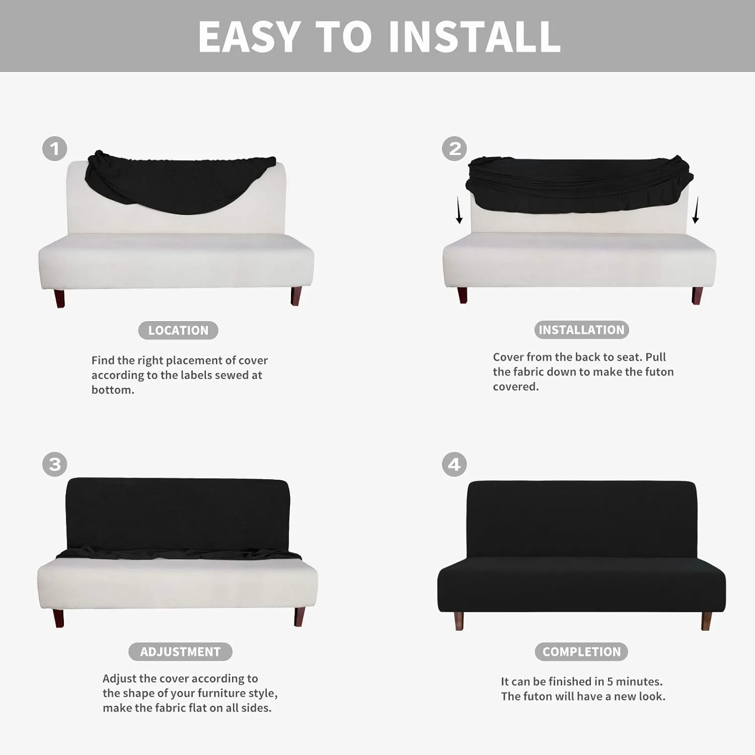 Easy-Going 100% Waterproof Futon Cover, Dual Waterproof Couch Cover, Stretch Jacquard Armless Sofa Cover, Leakproof Furniture Protector for Kids, Pets, Dog and Cat (Black)