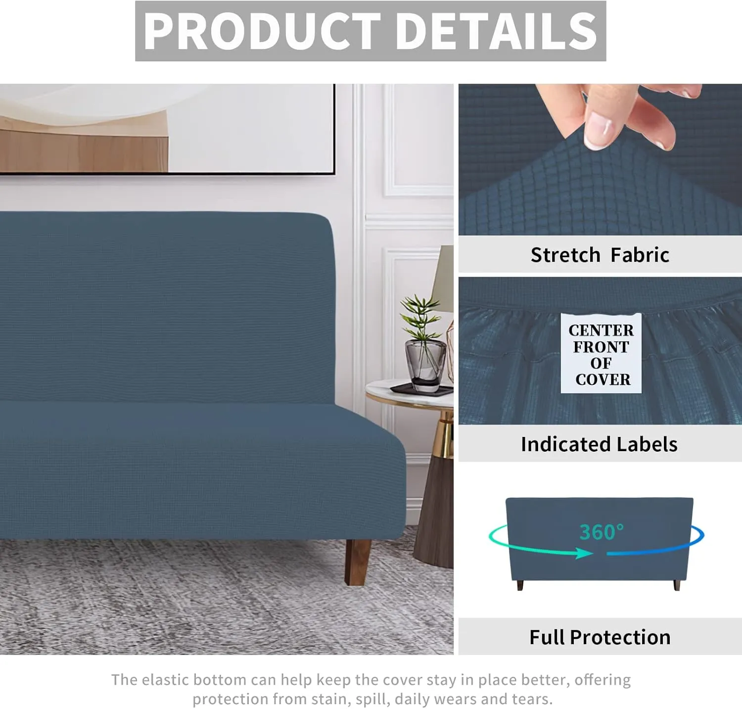 Easy-Going 100% Waterproof Futon Cover, Dual Waterproof Couch Cover, Stretch Jacquard Sofa Cover, Leakproof Furniture Protector for Kids, Pets, Dog and Cat (Bluestone)