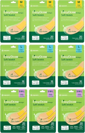 Easyderm Soft Stretch Bandage Multipacks 9 Packs (3 Packs of Each Size) 168 Counts | Waterproof, 4X Flexible, and Skin-Like Adhesive Bandages for First Aid, for Sensitive Skin