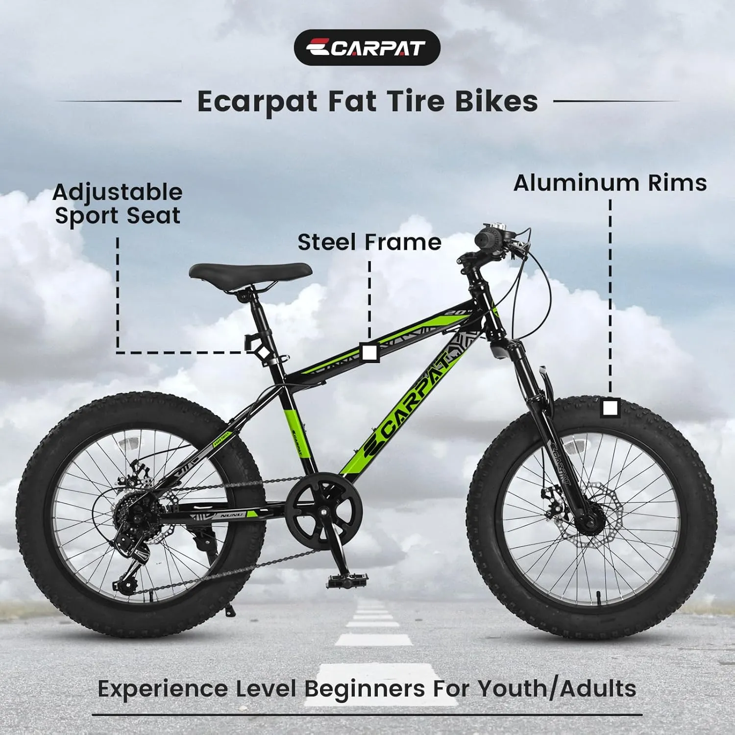 Ecarpat 20/24/26 Inch Fat Tire Mountain Bikes 7-Speed with Mechanical Disc Brakes Front Suspension, Mens Womens All Terrain Mountain Winter Snow Bicycles