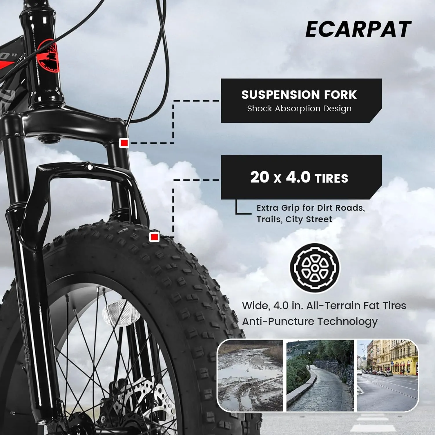 Ecarpat 20/24/26 Inch Fat Tire Mountain Bikes 7-Speed with Mechanical Disc Brakes Front Suspension, Mens Womens All Terrain Mountain Winter Snow Bicycles