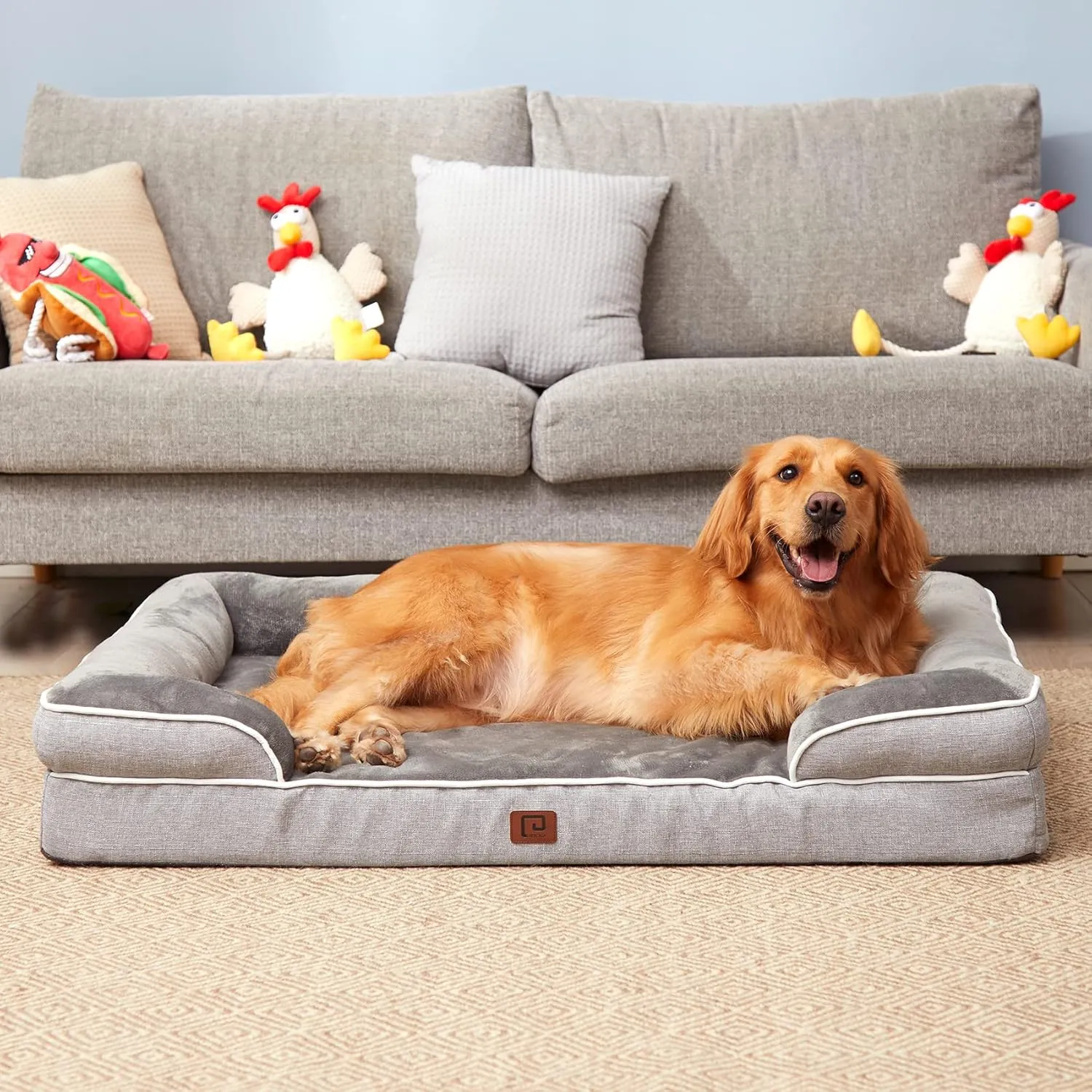 EHEYCIGA Orthopedic Dog Beds for Extra Large Dogs, Waterproof Memory Foam XL Pet Bed with Sides, Non-Slip and Egg-Crate Foam Big Dog Couch Bed with Washable Removable Cover, Grey