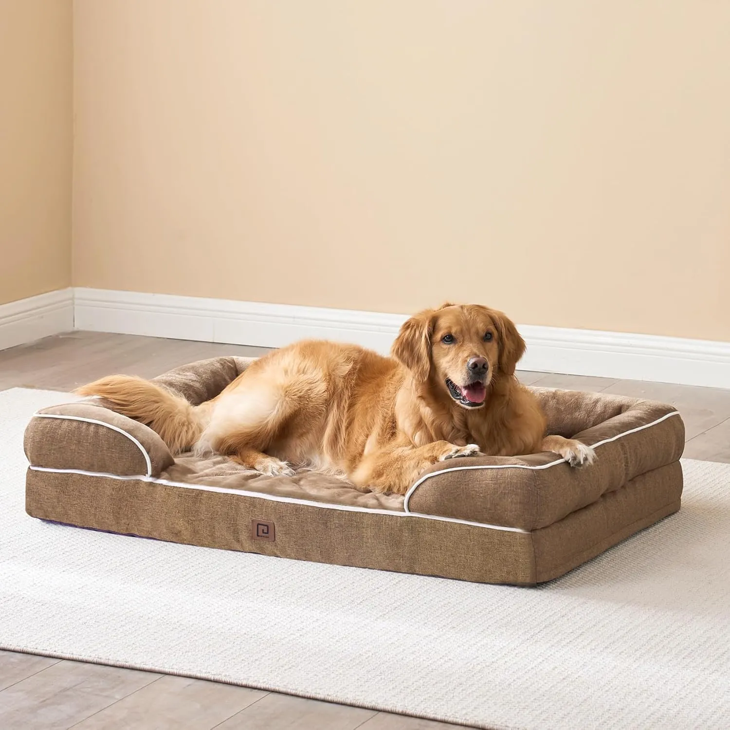EHEYCIGA Orthopedic Dog Beds for Large Dogs, Waterproof Memory Foam Large Dog Bed with Sides, Non-Slip Bottom and Egg-Crate Foam Pet Couch Bed with Washable Removable Cover, Camel