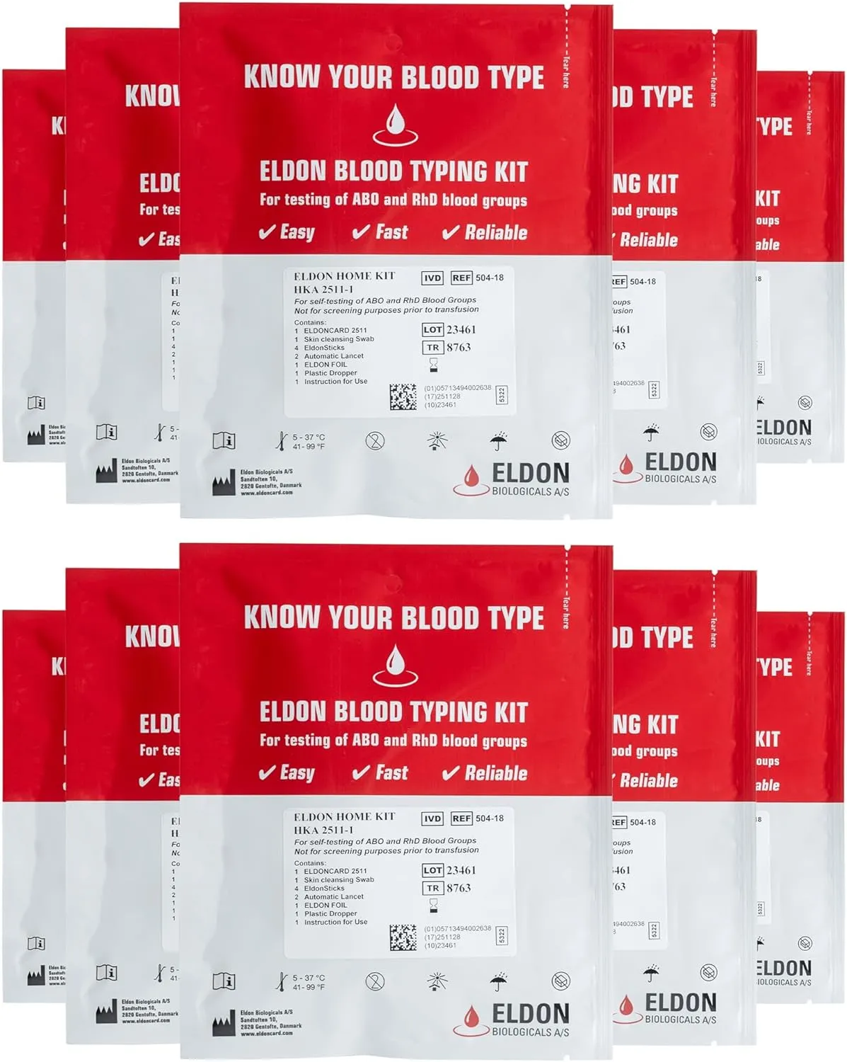 Eldoncard Blood Typing Kit, 10 Test Pack, Rapid Blood Typing Kit, Know Your Blood Type, Accurate Home Blood Type Test Kit, Determine A, O, B, RHS-D Negative & Positive Groups, Home Health Tests