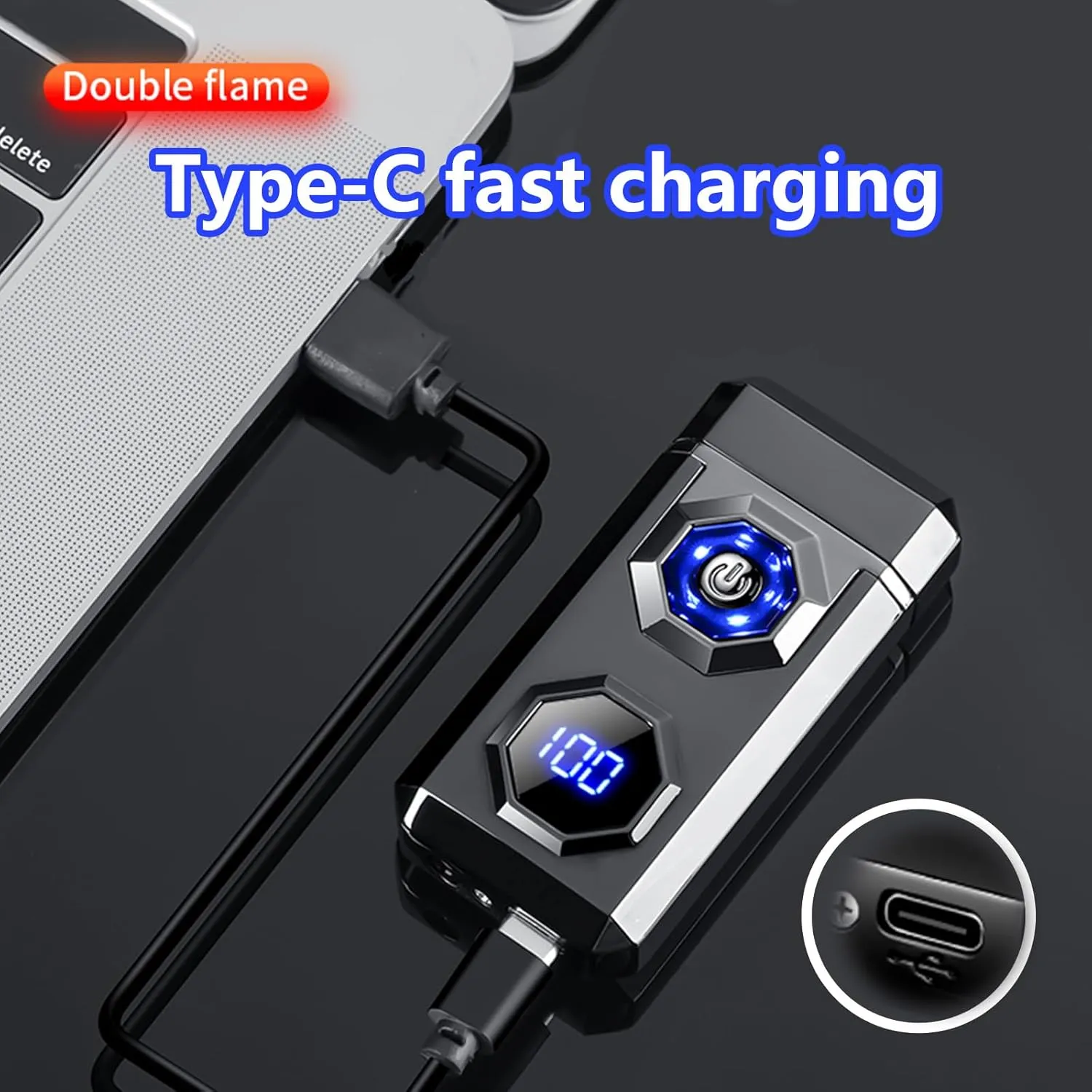Electric Lighter Type-C Arc Plasma Lighters Rechargeable Windproof Lighter with LED Battery Display and LED Lighting for Camping, Scented Candles(Black Glossy)