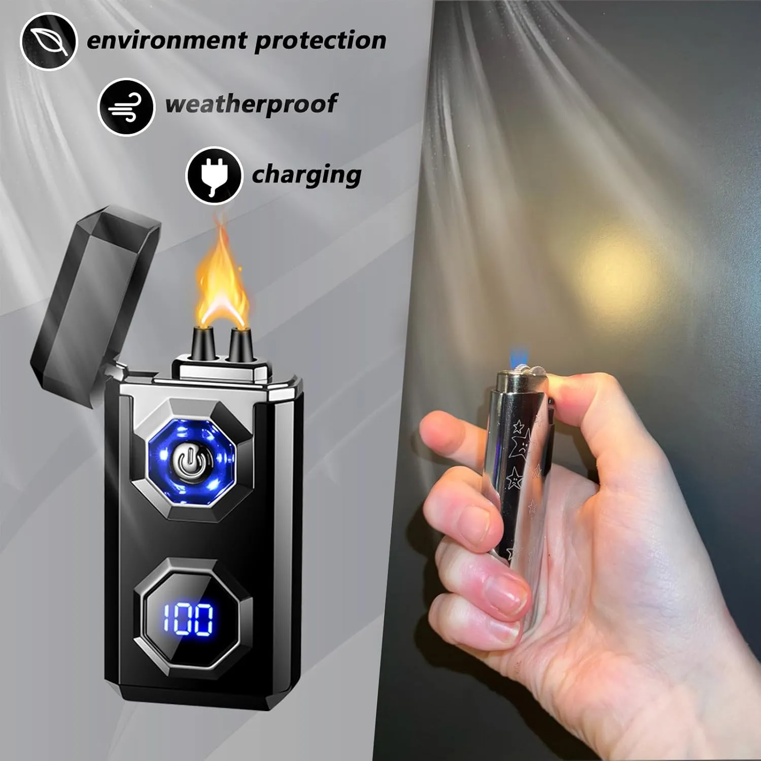 Electric Lighter Type-C Arc Plasma Lighters Rechargeable Windproof Lighter with LED Battery Display and LED Lighting for Camping, Scented Candles(Black Glossy)