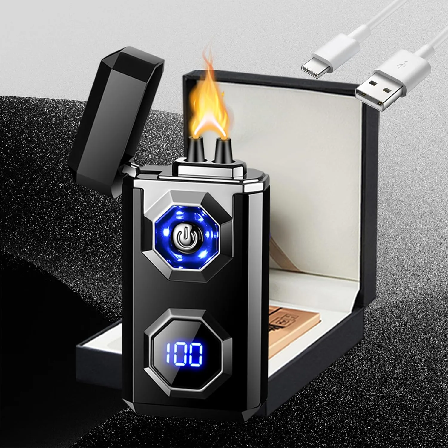 Electric Lighter Type-C Arc Plasma Lighters Rechargeable Windproof Lighter with LED Battery Display and LED Lighting for Camping, Scented Candles(Black Glossy)