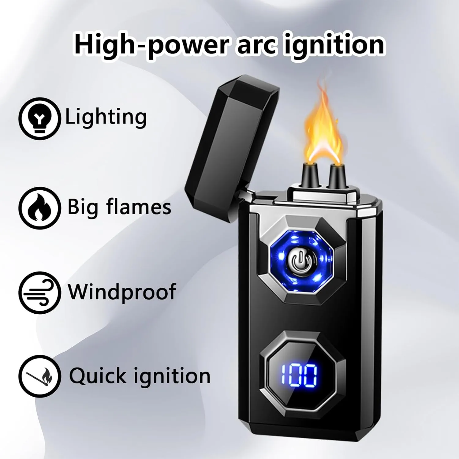 Electric Lighter Type-C Arc Plasma Lighters Rechargeable Windproof Lighter with LED Battery Display and LED Lighting for Camping, Scented Candles(Black Glossy)