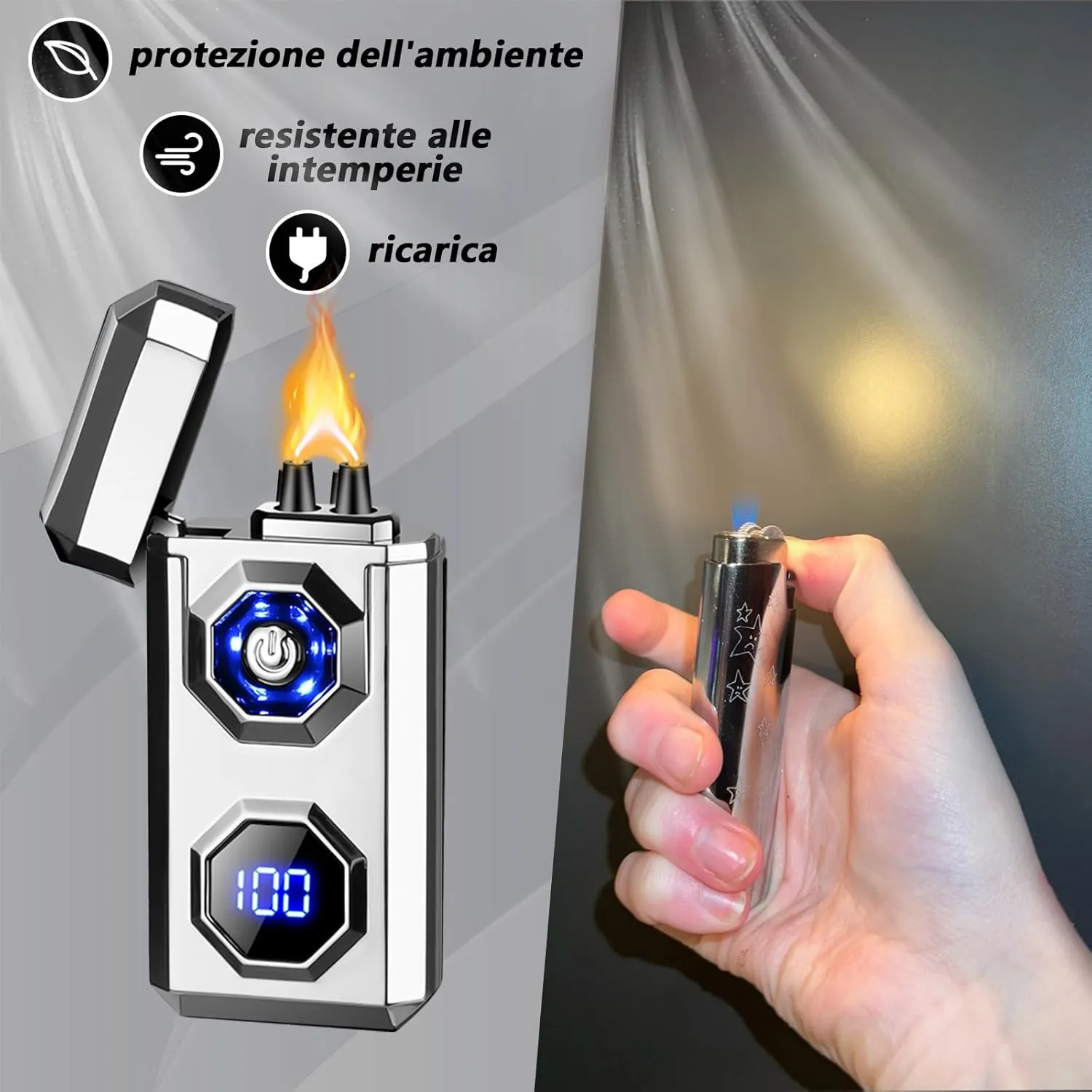 Electric Lighter,Type-C Arc Lighters Rechargeable,Windproof Lighter,Plasma Lighters Rechargeable with LED Battery Display and LED Lighting, Suitable for Camping,Scented Candles(Silver)