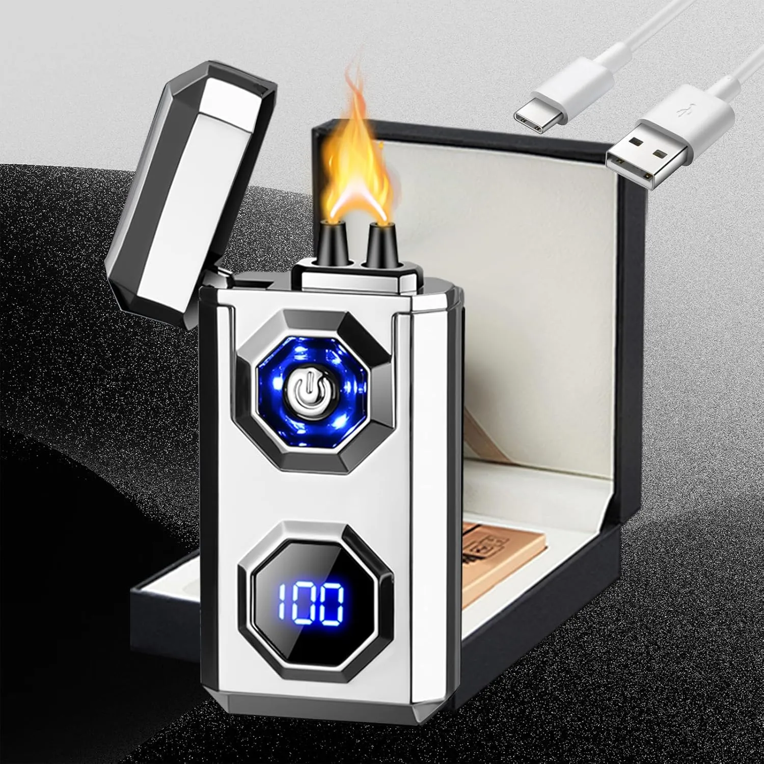 Electric Lighter,Type-C Arc Lighters Rechargeable,Windproof Lighter,Plasma Lighters Rechargeable with LED Battery Display and LED Lighting, Suitable for Camping,Scented Candles(Silver)