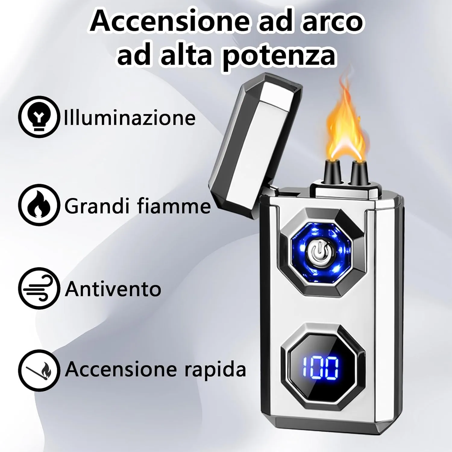 Electric Lighter,Type-C Arc Lighters Rechargeable,Windproof Lighter,Plasma Lighters Rechargeable with LED Battery Display and LED Lighting, Suitable for Camping,Scented Candles(Silver)