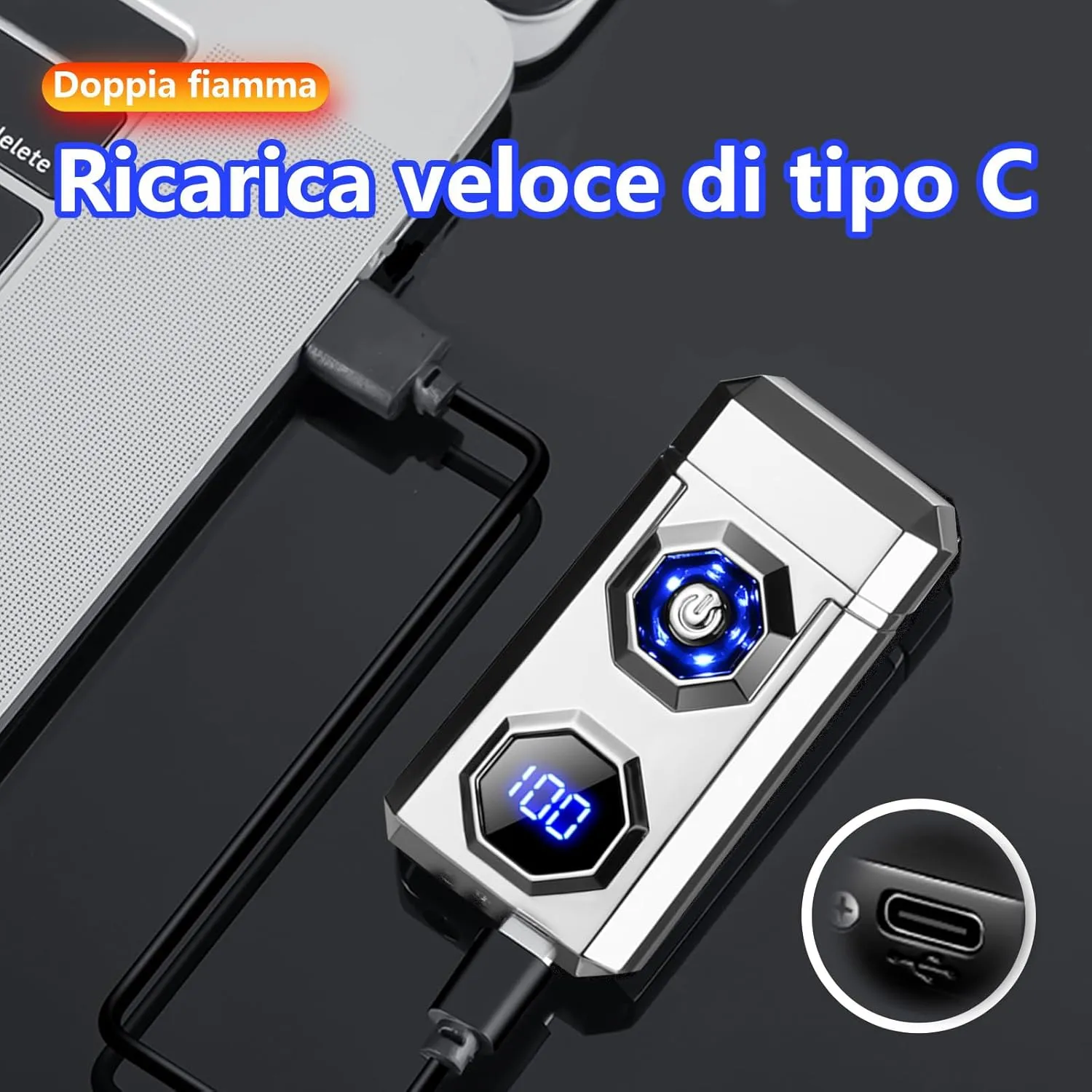 Electric Lighter,Type-C Arc Lighters Rechargeable,Windproof Lighter,Plasma Lighters Rechargeable with LED Battery Display and LED Lighting, Suitable for Camping,Scented Candles(Silver)