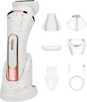 Electric Shavers for Women, 4 in 1 Hair Removal Kit with Epilator Bikini Trimmer Face Razor Body Brush Face Massager Foot Callus Remover, IPX7 Waterproof Lady Razors Set for Legs Armpit Bikini Pubic