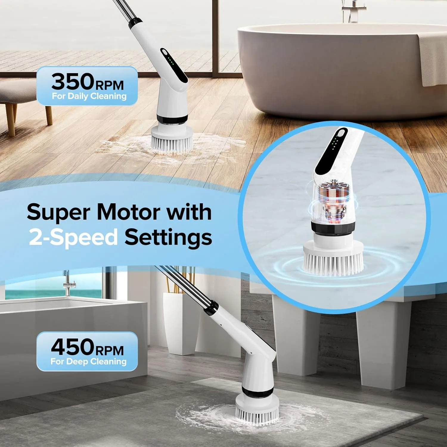 Electric Spin Scrubber, Dreazu IPX7 Bathroom Scrubber with 7 Replaceable Brush Heads & Retractable Handle, 2-Speed Adjustable Spin Scrubber for Bathroom, Bathtub, Kitchen, Tile Floors