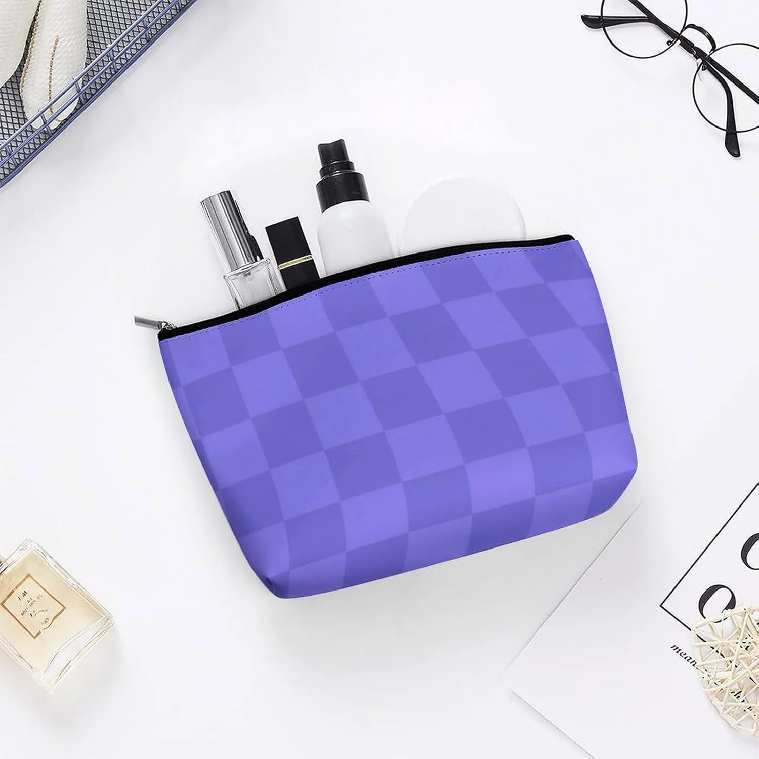 Elegant Makeup Bag, Blue Purple Checker Cosmetic Bag Large Capacity Pouch Portable Organizer for Men & Women