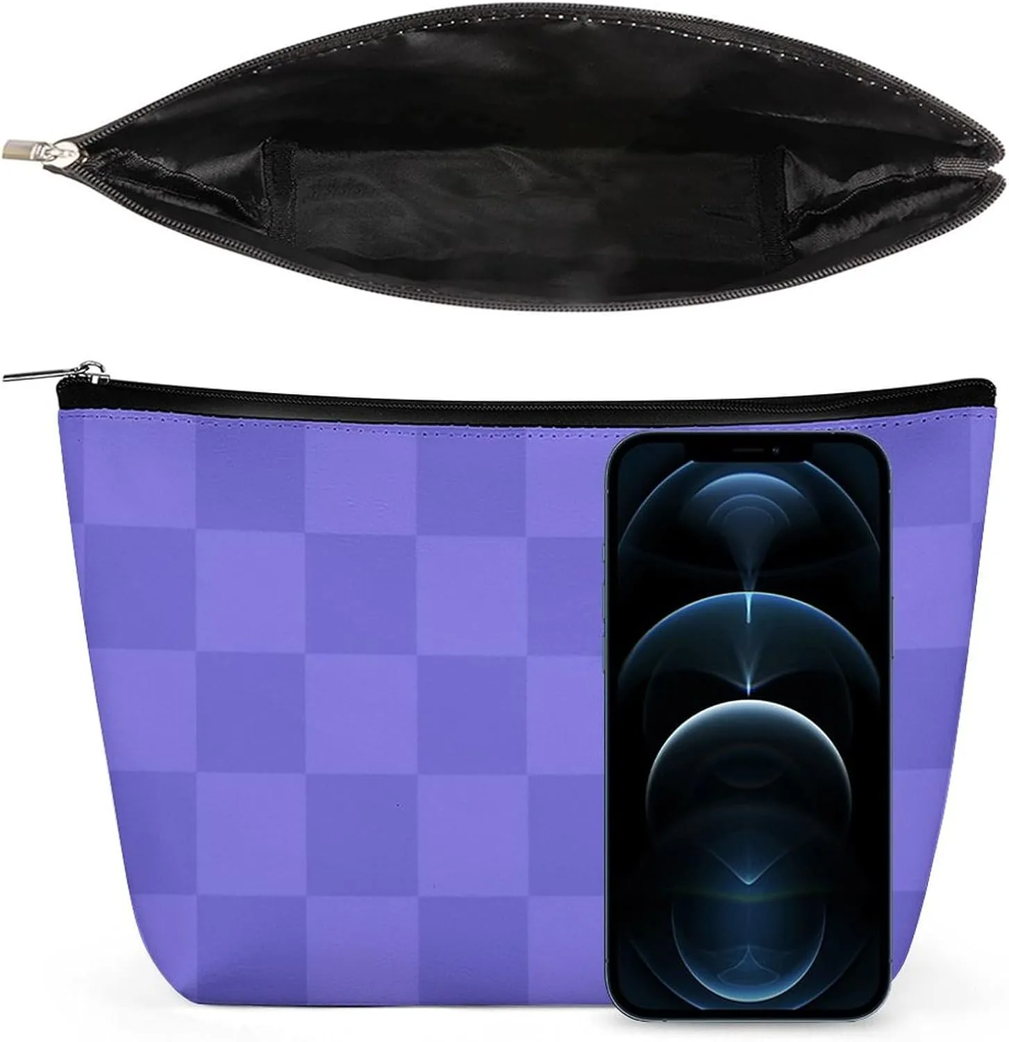 Elegant Makeup Bag, Blue Purple Checker Cosmetic Bag Large Capacity Pouch Portable Organizer for Men & Women