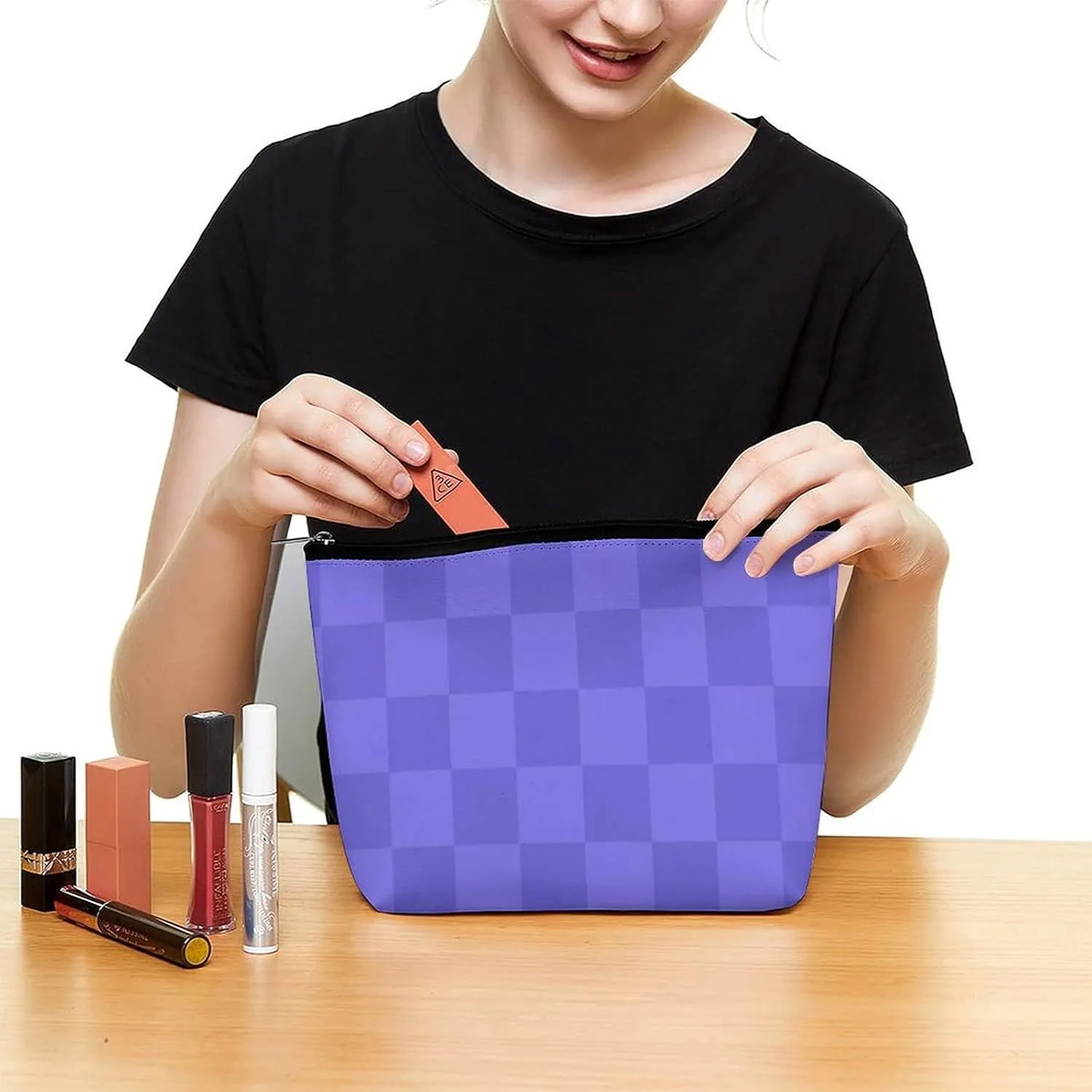 Elegant Makeup Bag, Blue Purple Checker Cosmetic Bag Large Capacity Pouch Portable Organizer for Men & Women