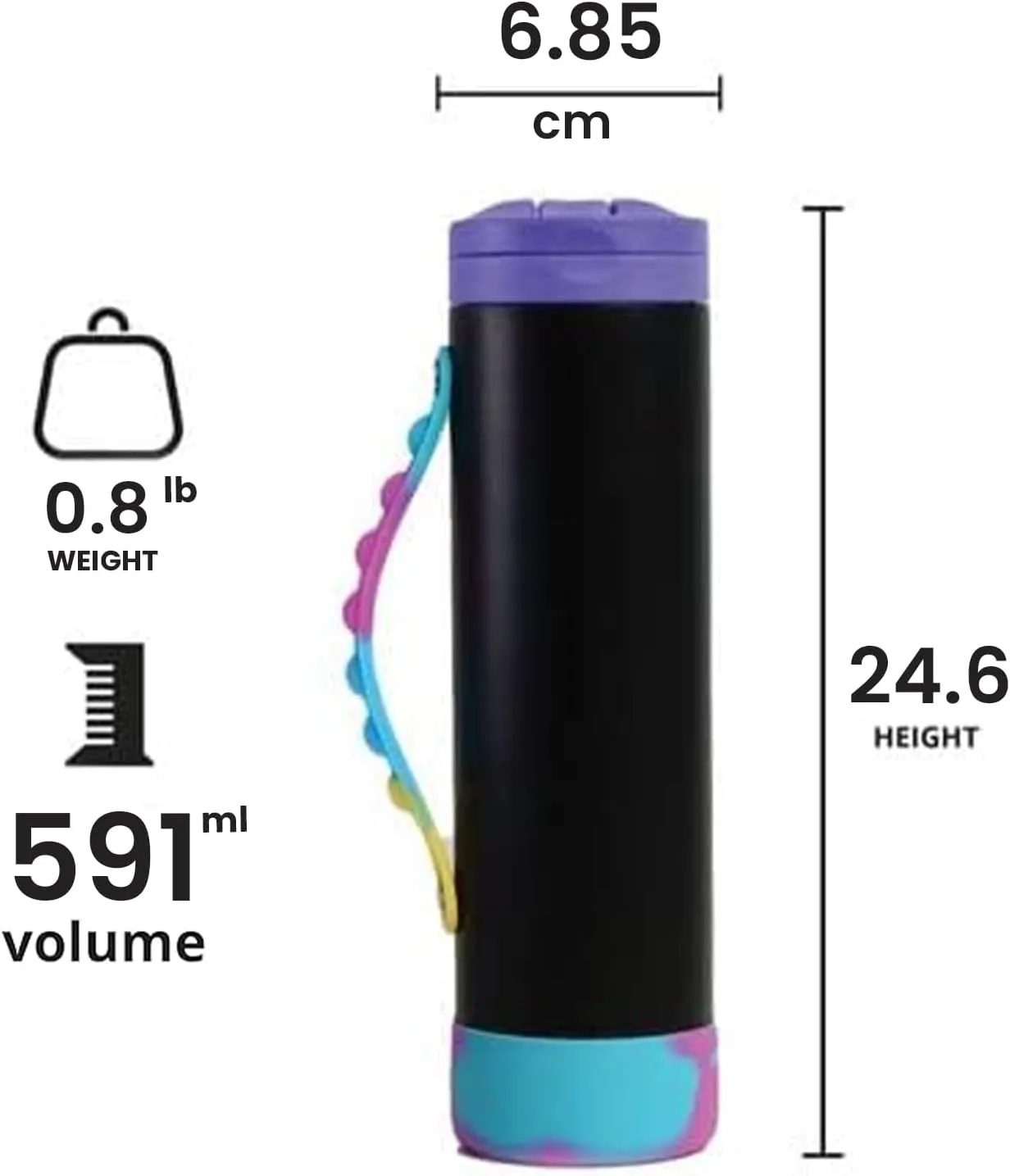 Elemental Iconic Kids Water Bottle with Straw Lid & Stress Reliever Pop It Handle, Leak-Proof When Closed, Triple Insulated Stainless Steel Reusable Thermos Water Bottle, 20oz - Black Tie Dye