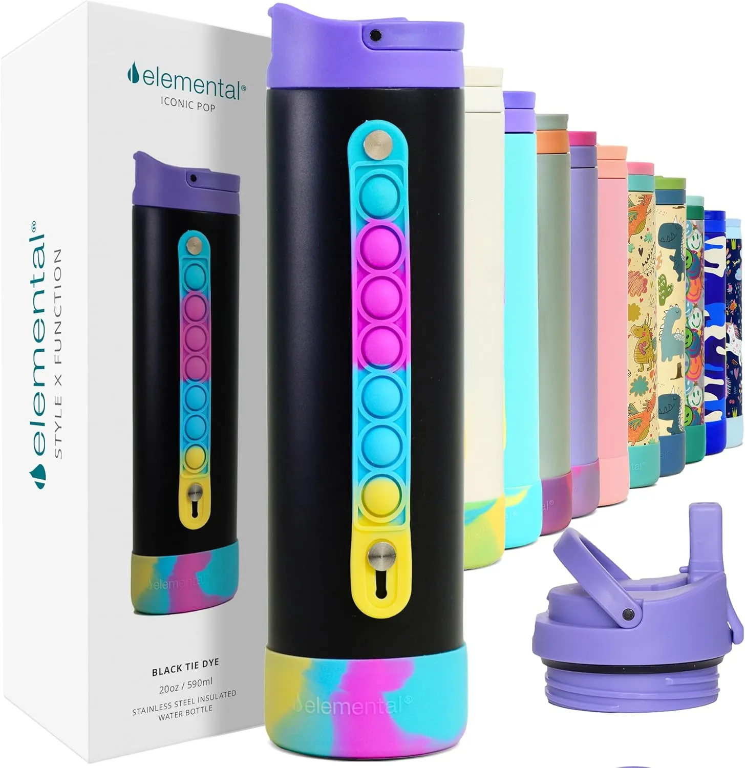 Elemental Iconic Kids Water Bottle with Straw Lid & Stress Reliever Pop It Handle, Leak-Proof When Closed, Triple Insulated Stainless Steel Reusable Thermos Water Bottle, 20oz - Black Tie Dye