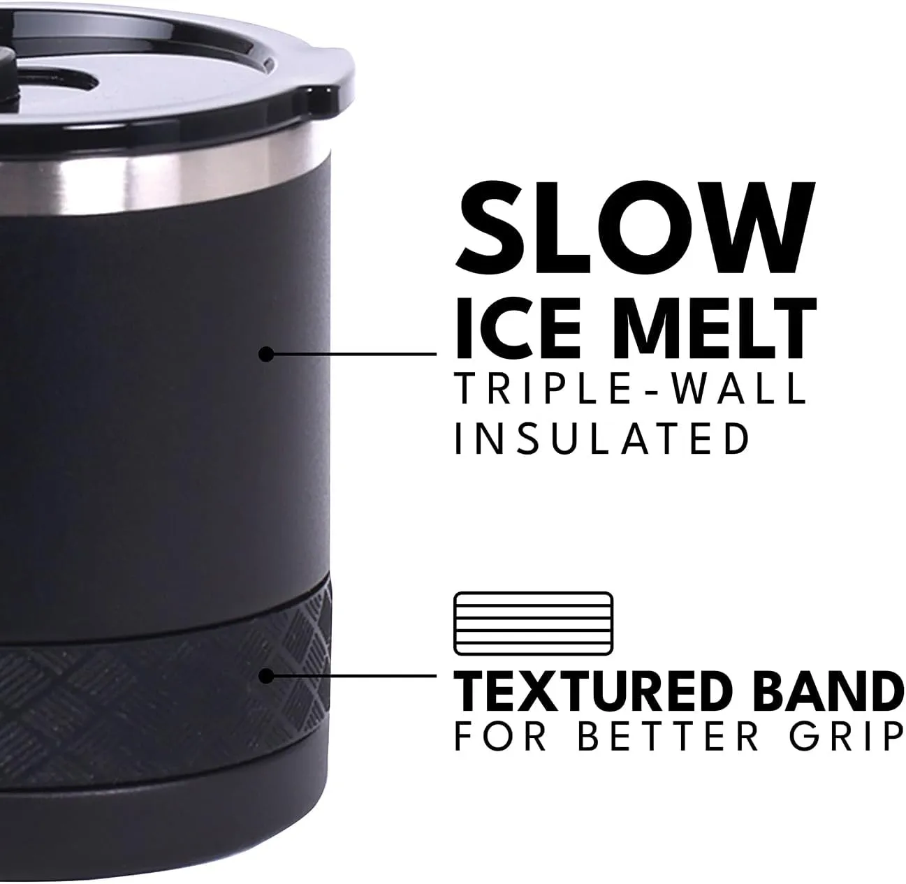 Elemental Recess Lowball Tumbler Set of 2, 10oz Triple Wall Stainless Steel Cup with Non-Shattered Tritan Lid, Insulated Whiskey Glass, Insulated Coffee Tumbler Mug for Hot & Cold Drinks - Black