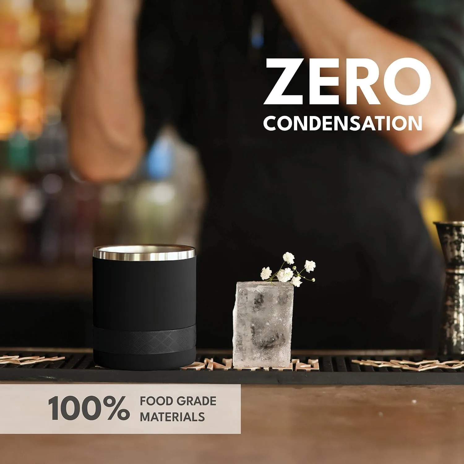 Elemental Recess Lowball Tumbler Set of 2, 10oz Triple Wall Stainless Steel Cup with Non-Shattered Tritan Lid, Insulated Whiskey Glass, Insulated Coffee Tumbler Mug for Hot & Cold Drinks - Black