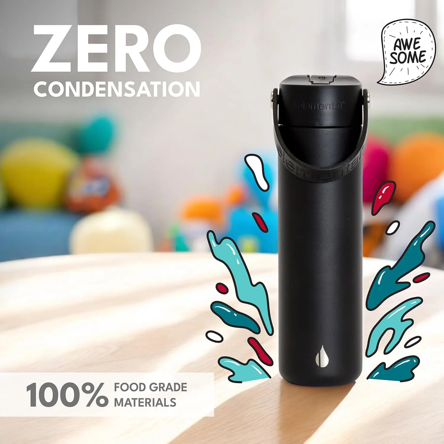 Elemental Stainless Steel Water Bottle with Straw - Leak Proof Double Wall Insulated Water Bottles for Travel, Sports and Gym - BPA Free Sport Thermos with Flip-up Straws - 24oz, Black