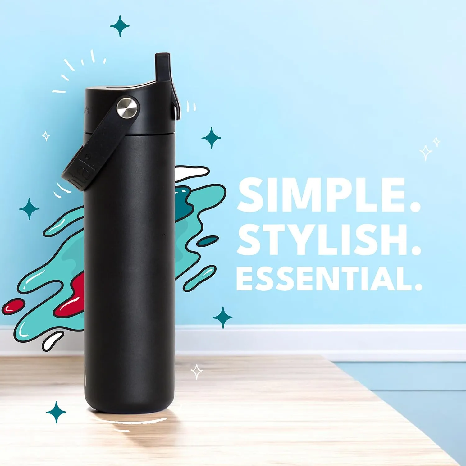 Elemental Stainless Steel Water Bottle with Straw - Leak Proof Double Wall Insulated Water Bottles for Travel, Sports and Gym - BPA Free Sport Thermos with Flip-up Straws - 24oz, Black