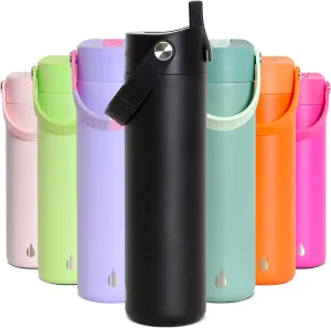 Elemental Stainless Steel Water Bottle with Straw - Leak Proof Double Wall Insulated Water Bottles for Travel, Sports and Gym - BPA Free Sport Thermos with Flip-up Straws - 24oz, Black