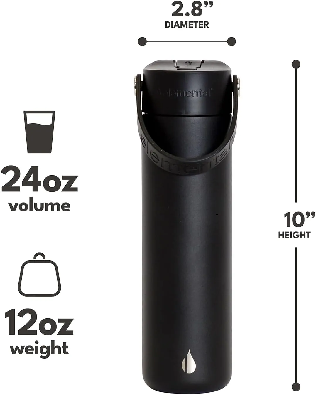 Elemental Stainless Steel Water Bottle with Straw - Leak Proof Double Wall Insulated Water Bottles for Travel, Sports and Gym - BPA Free Sport Thermos with Flip-up Straws - 24oz, Black