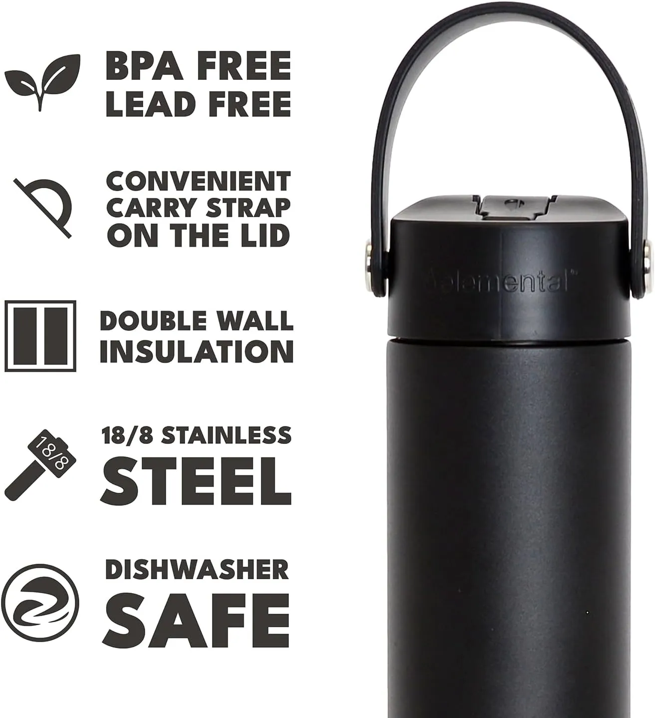 Elemental Stainless Steel Water Bottle with Straw - Leak Proof Double Wall Insulated Water Bottles for Travel, Sports and Gym - BPA Free Sport Thermos with Flip-up Straws - 24oz, Black